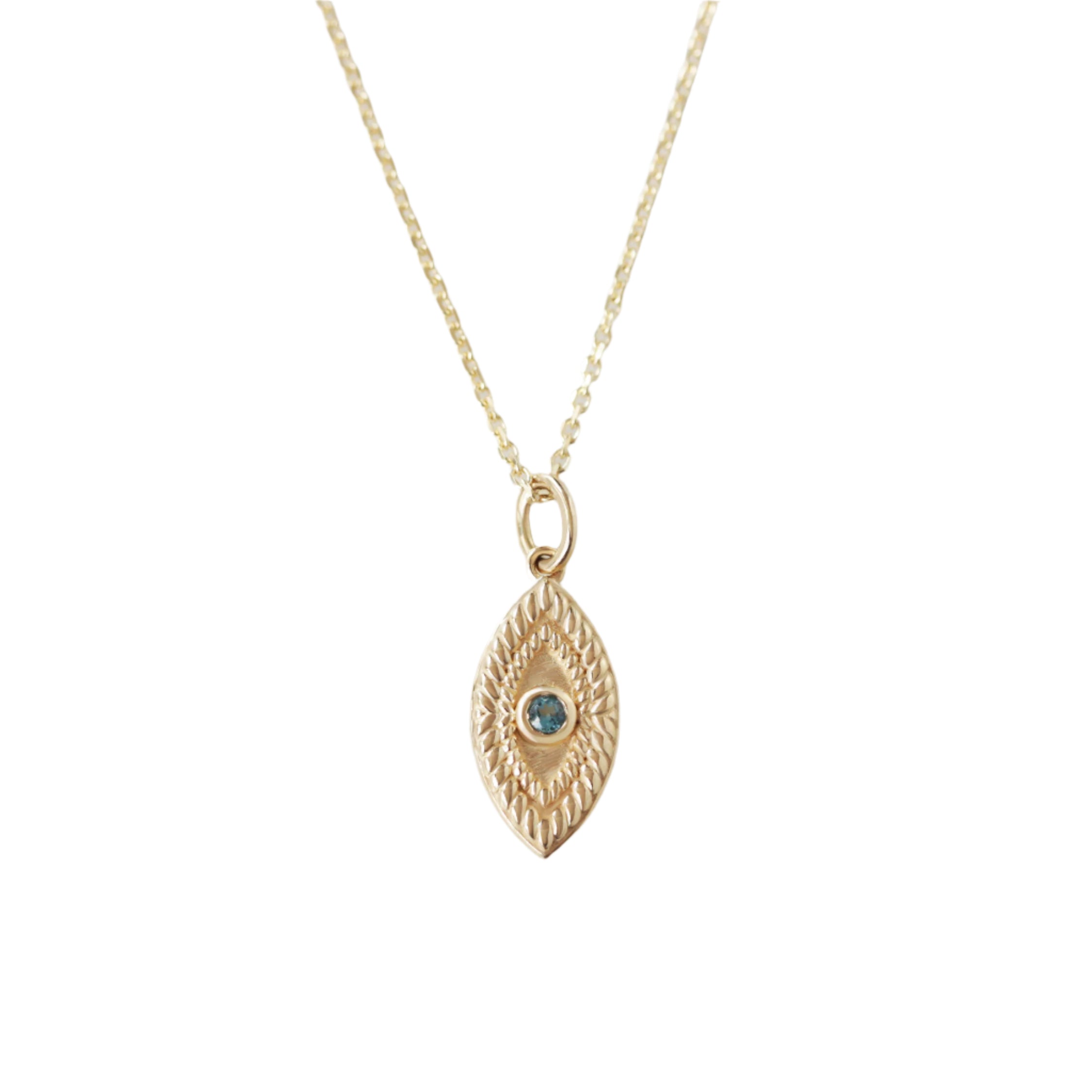 Evil Eye 14K Solid Gold Charm, protection Amulet Blue topaz