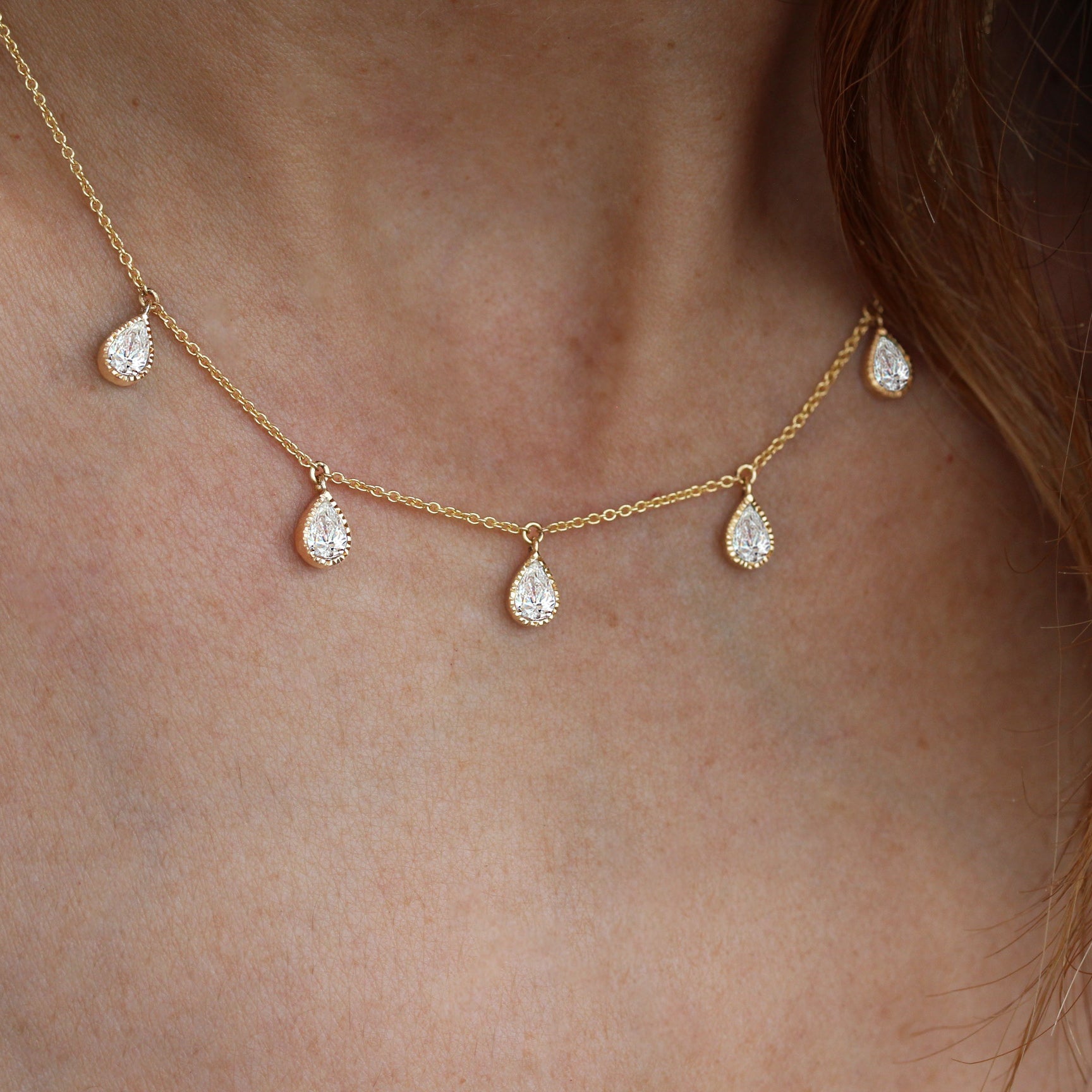 Five Pear Shape Emerald Bezel Set Station Necklace