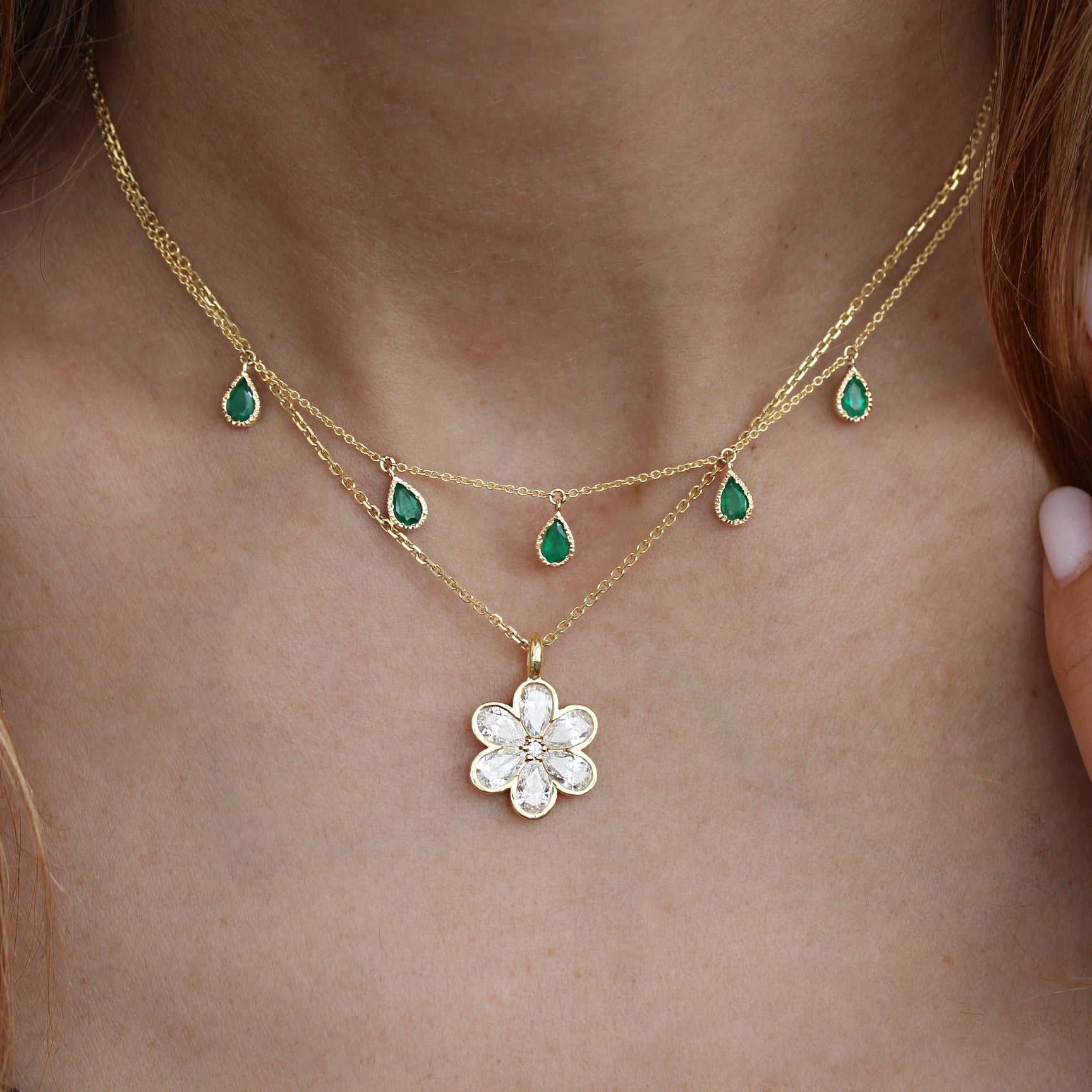 Five Pear Shape Emerald Bezel Set Station Necklace