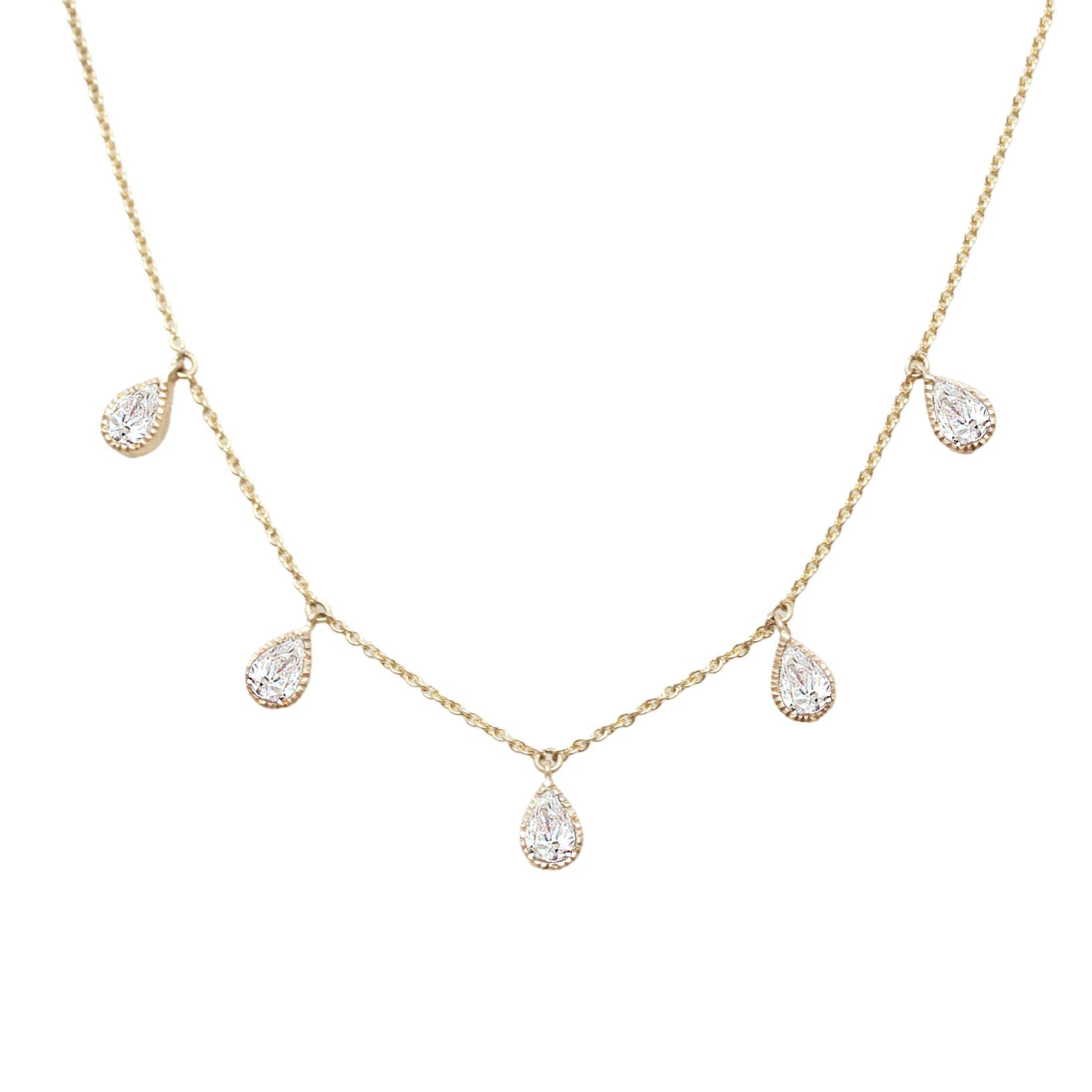 Five Pear Diamond Station Necklace in 14K Solid Gold