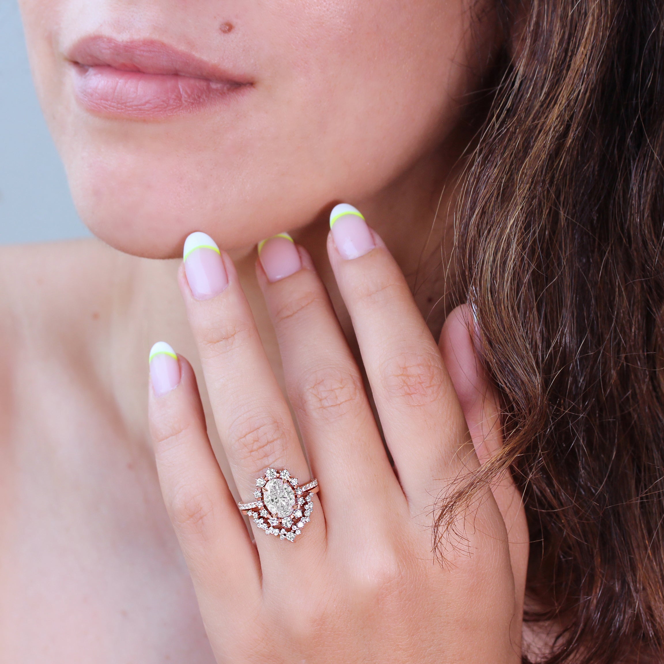 Oval Lab Diamond Halo Unique Wedding Three Ring set - Glory ♥