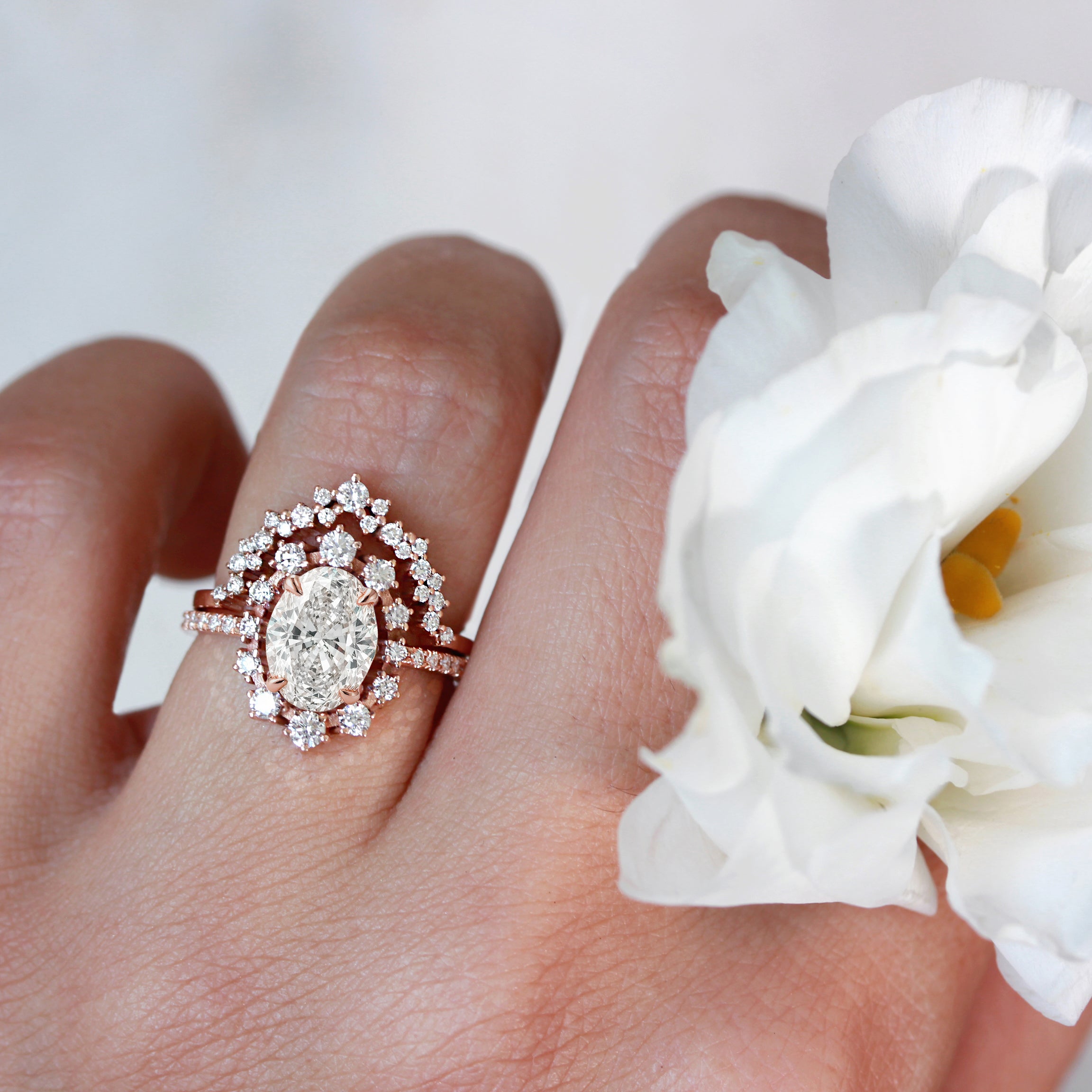 Oval Lab Diamond Halo Unique Wedding Three Ring set - Glory ♥