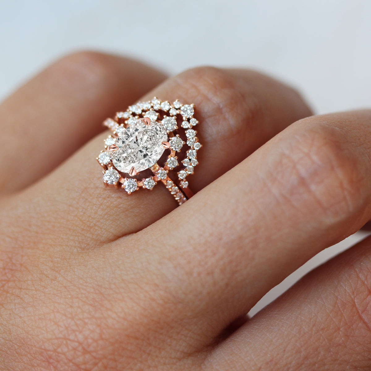 Oval Lab Diamond Halo Unique Wedding Three Ring set - Glory