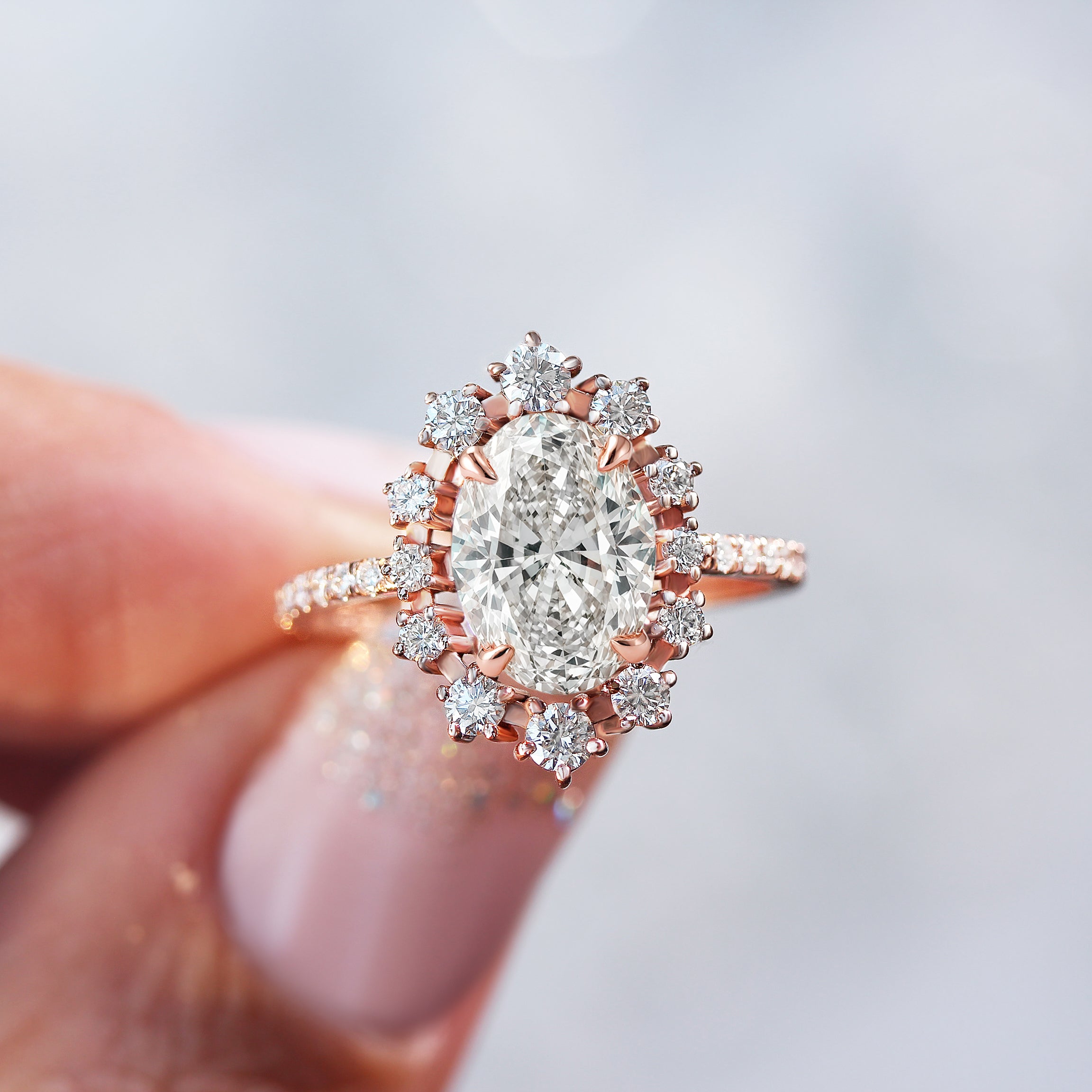 Oval Lab Diamond Halo Unique Wedding Three Ring set - Glory ♥