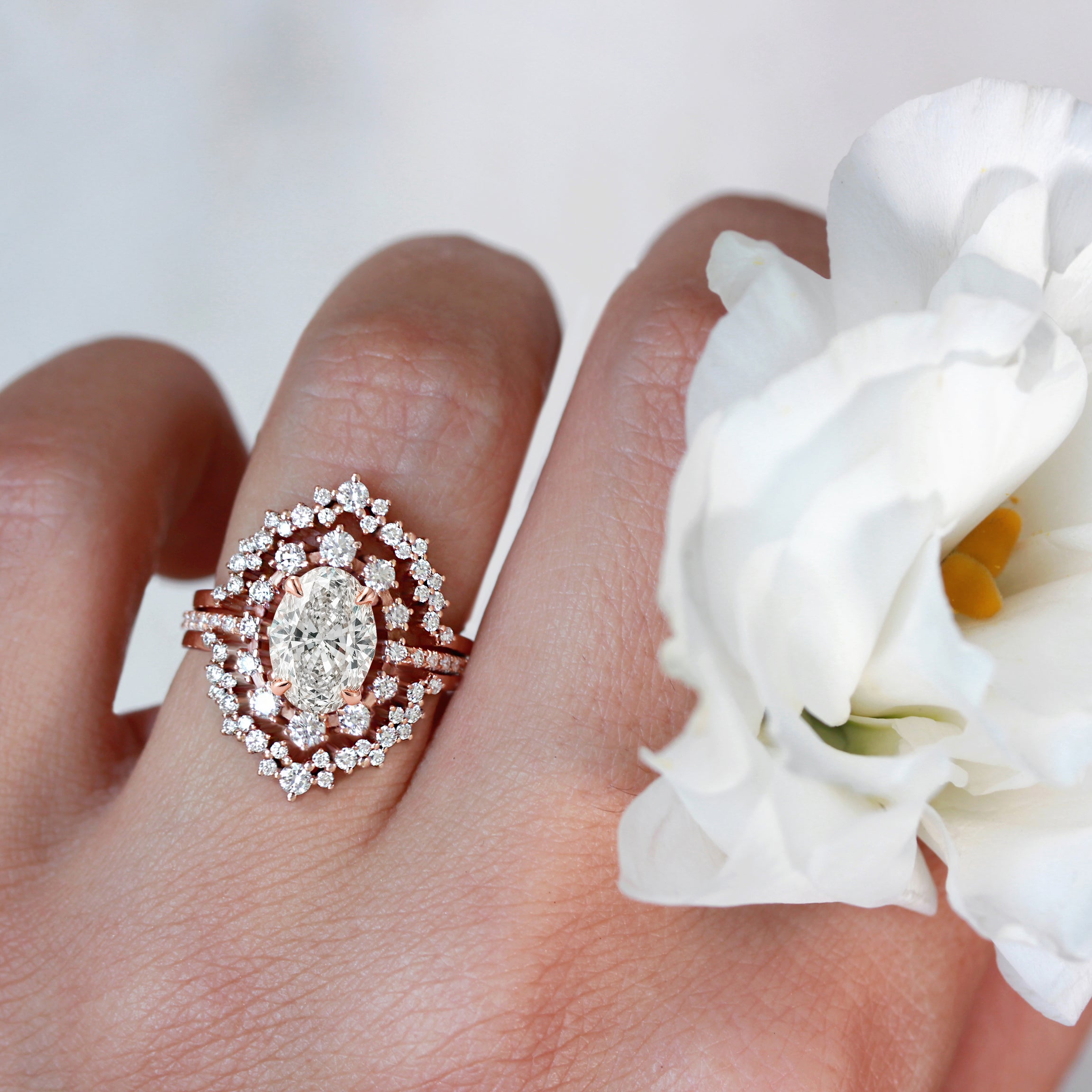 Oval Lab Diamond Halo Unique Wedding Three Ring set - Glory