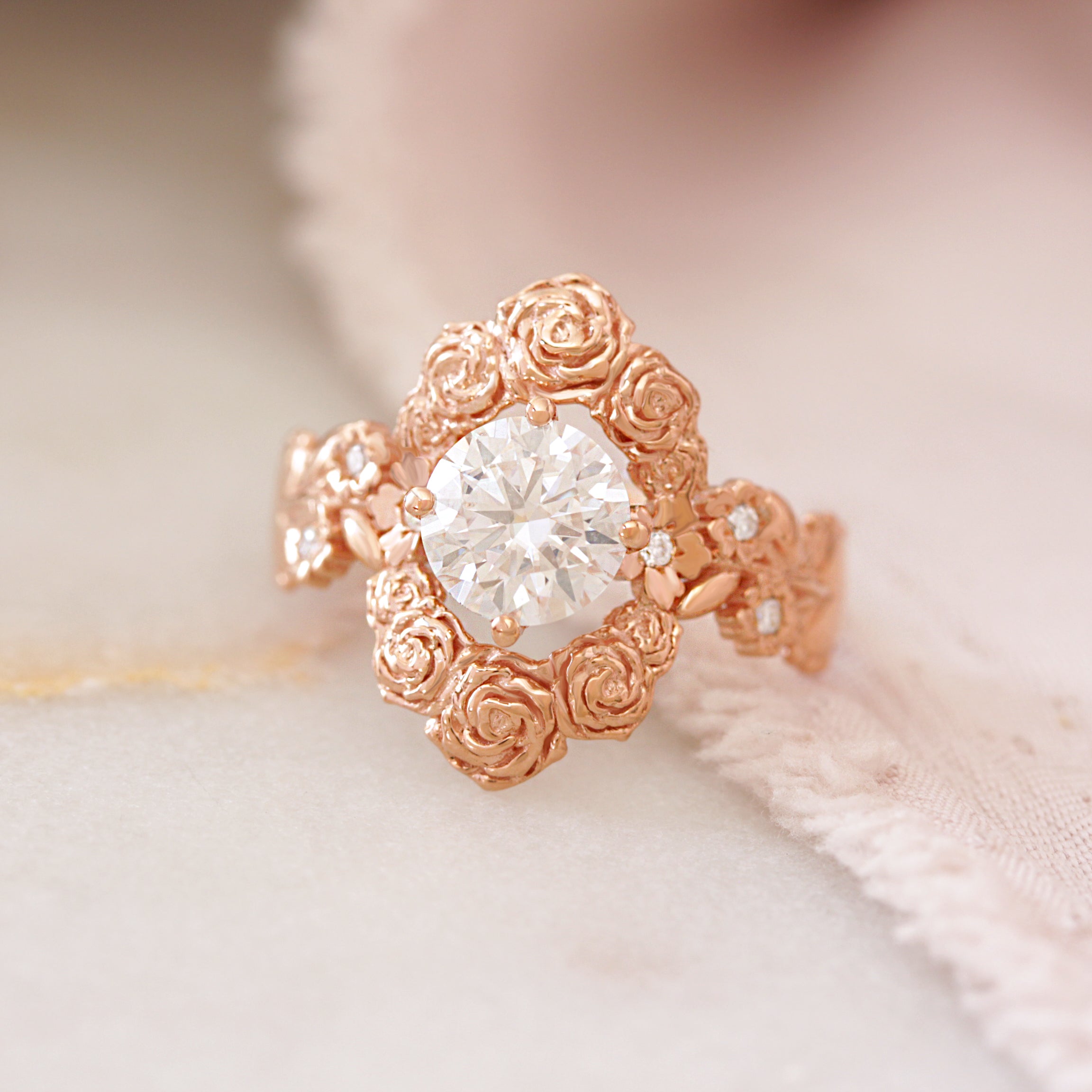 Romantic Floral 1.5CT Round Diamond Solitaire Engagement Ring - Juliet's Garden