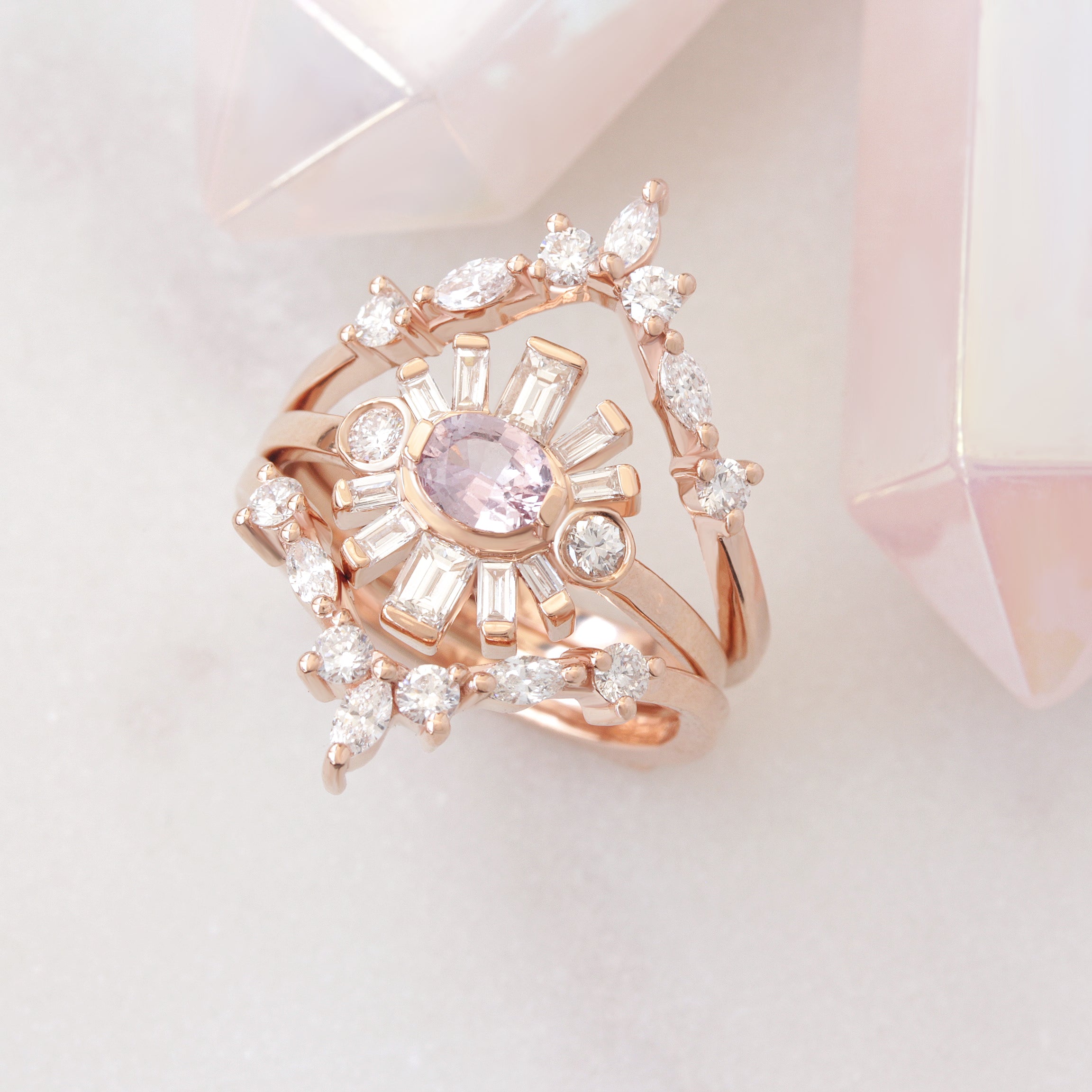 Oval Pink Sapphire & Baguette Diamonds Sun Ring