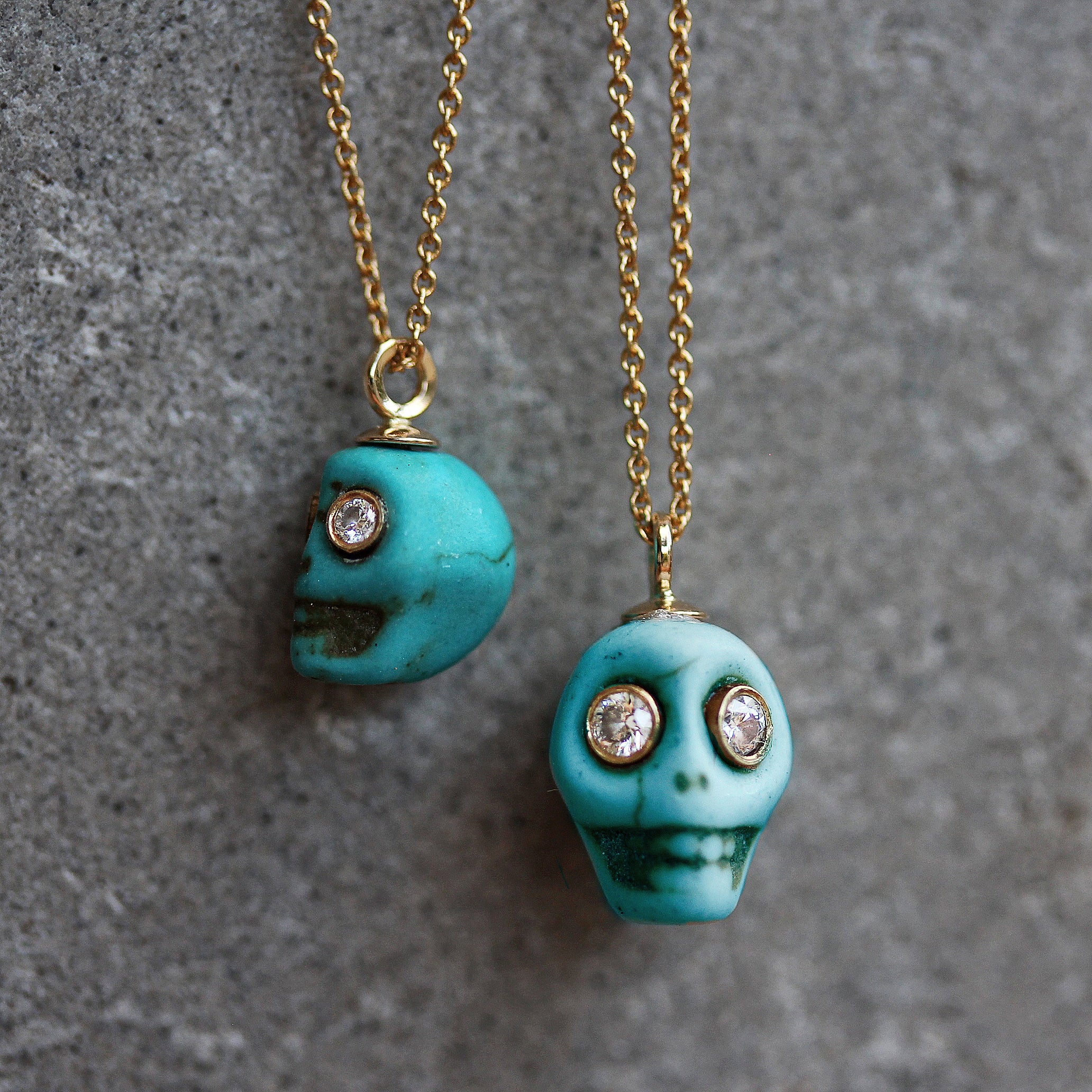 Hand Carved Skull Turquoise Gold & Diamonds Tribal Charm
