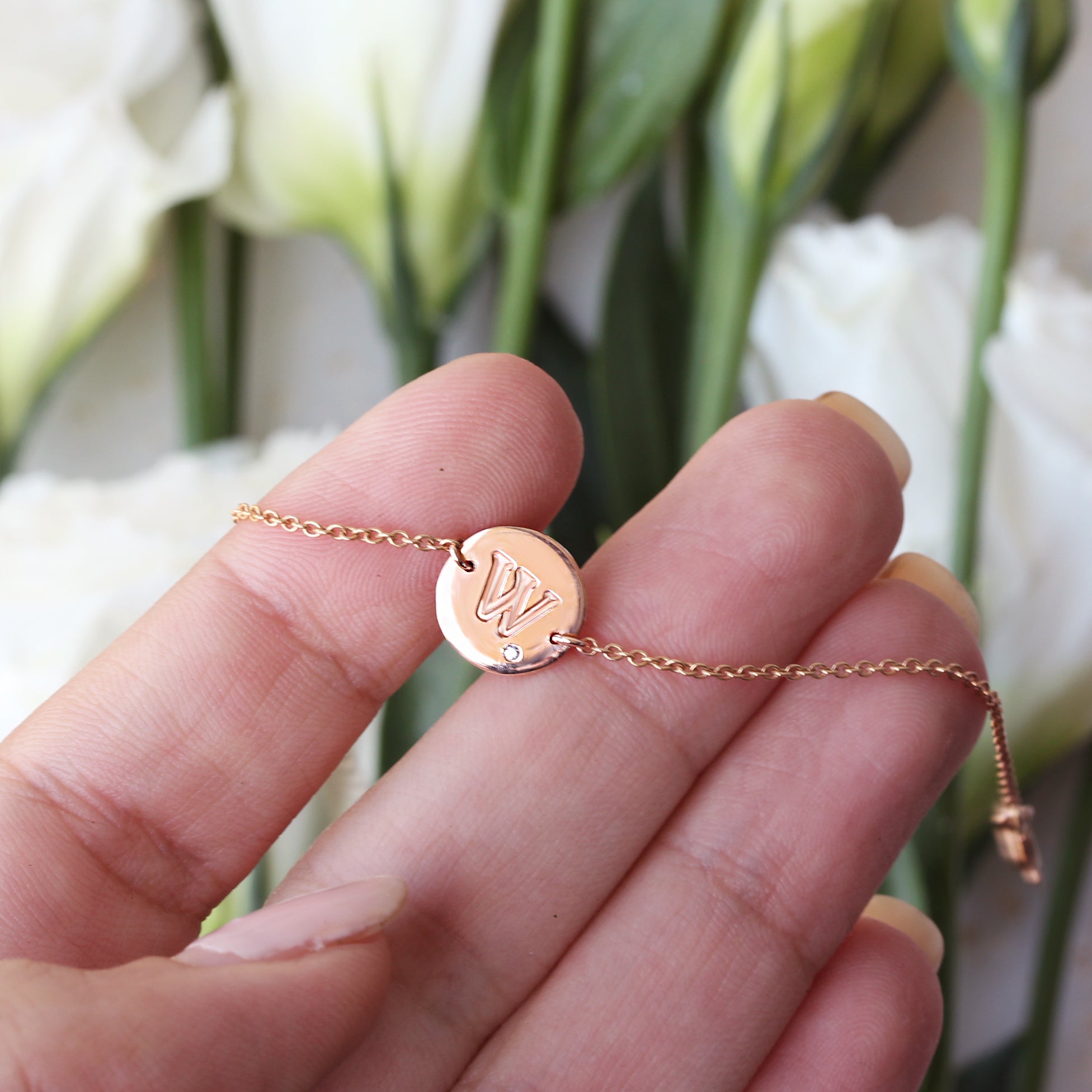 Personalized initial letter one diamond solid gold bracelet
