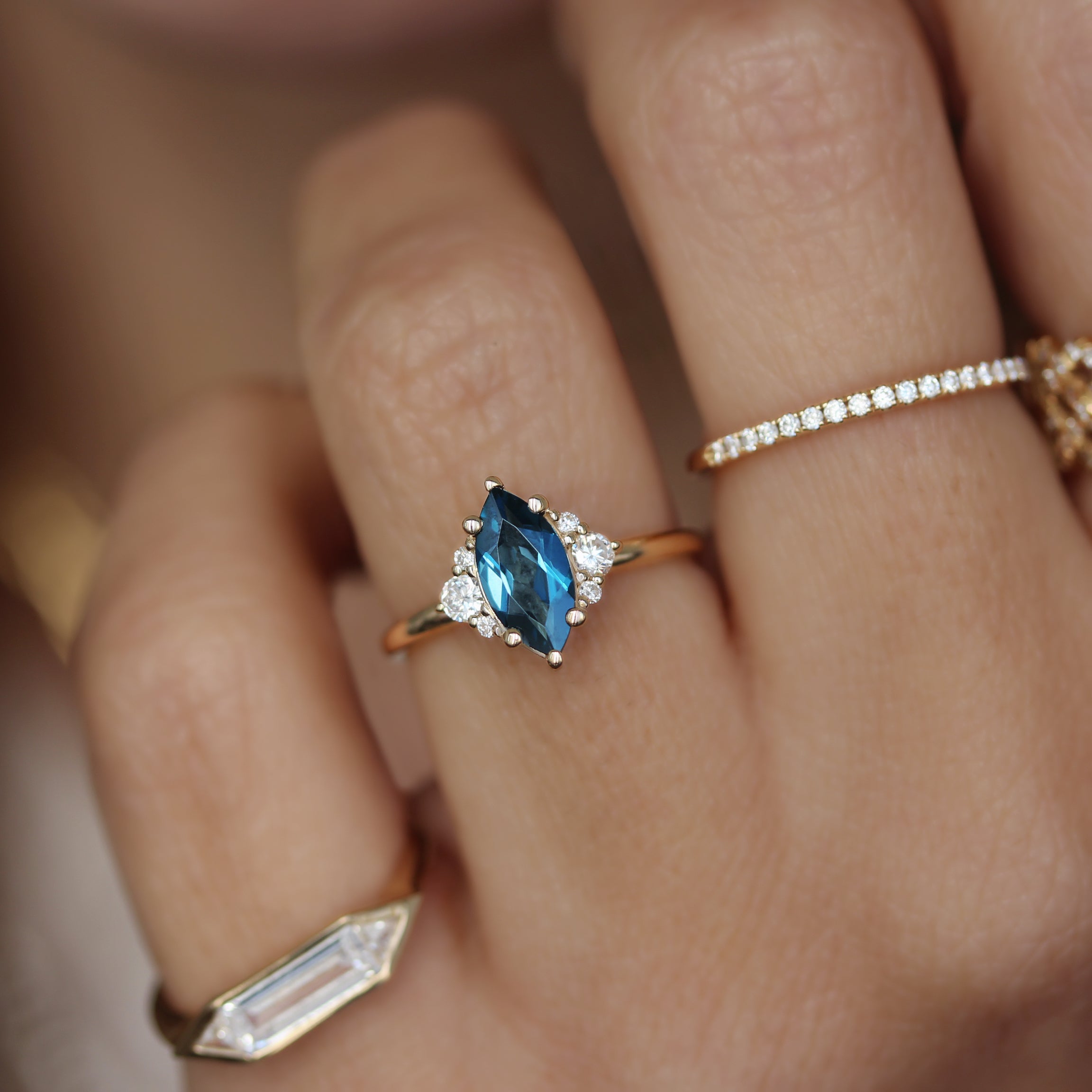Marquise London Blue Topaz and Diamonds Unique Engagement Ring, Isabella ♥