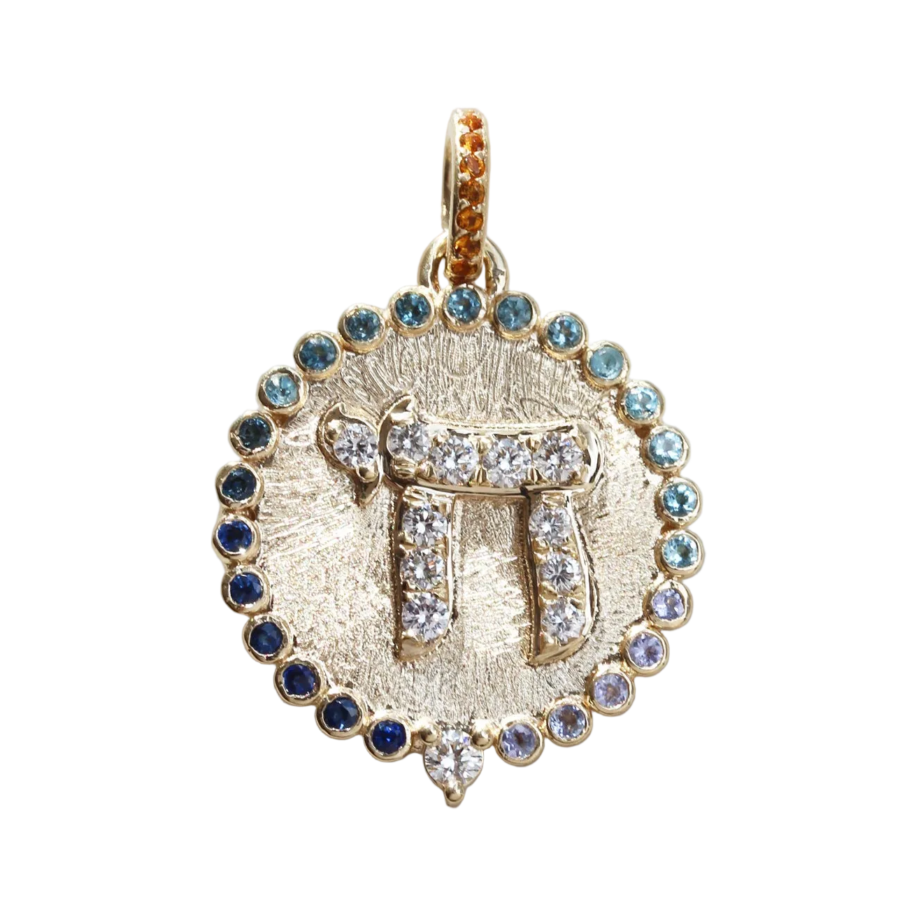 Gold Chai Birthstone pendant with gemstones on a white background