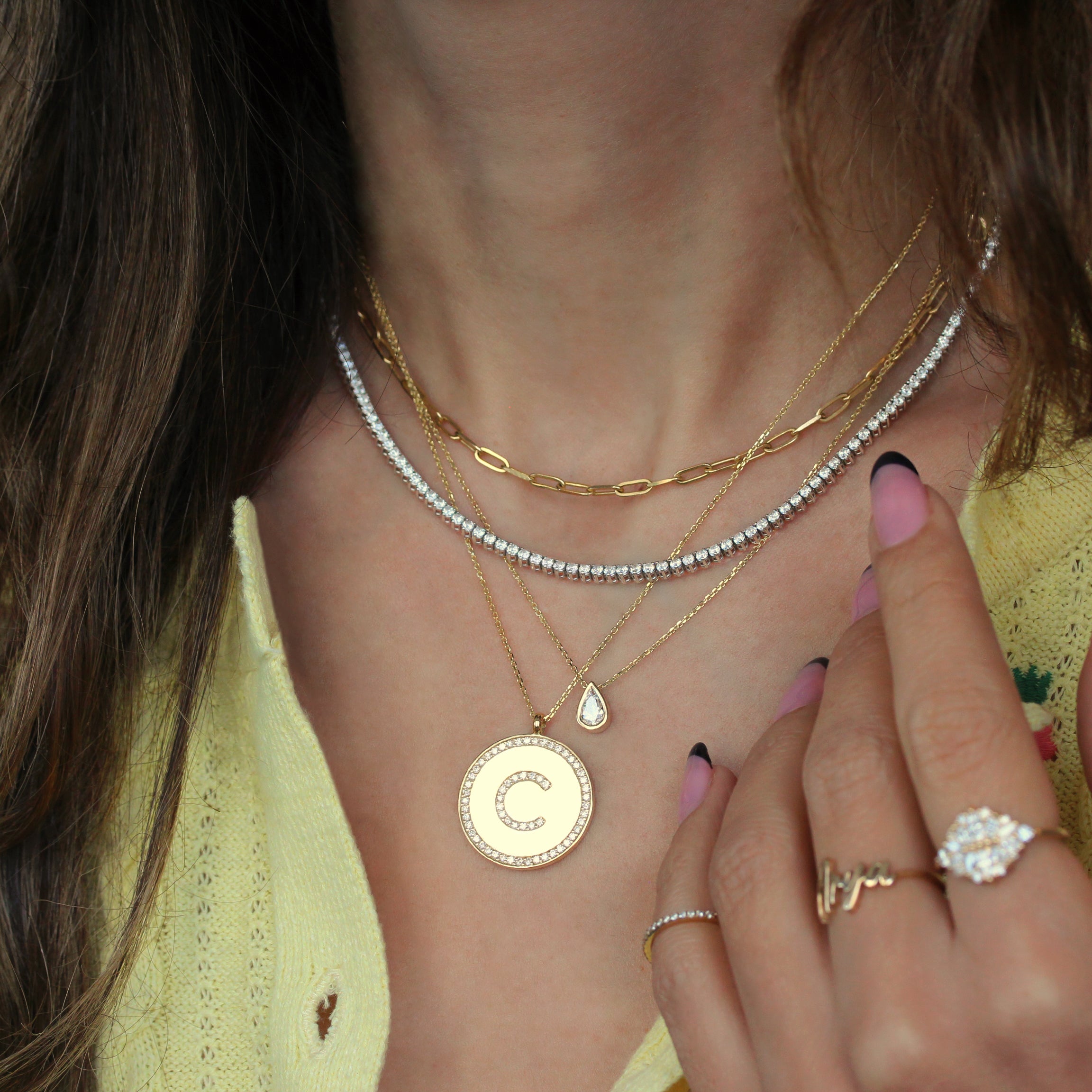 Large Diamond Initial 23mm / 1 inch Disc Pendant Necklace