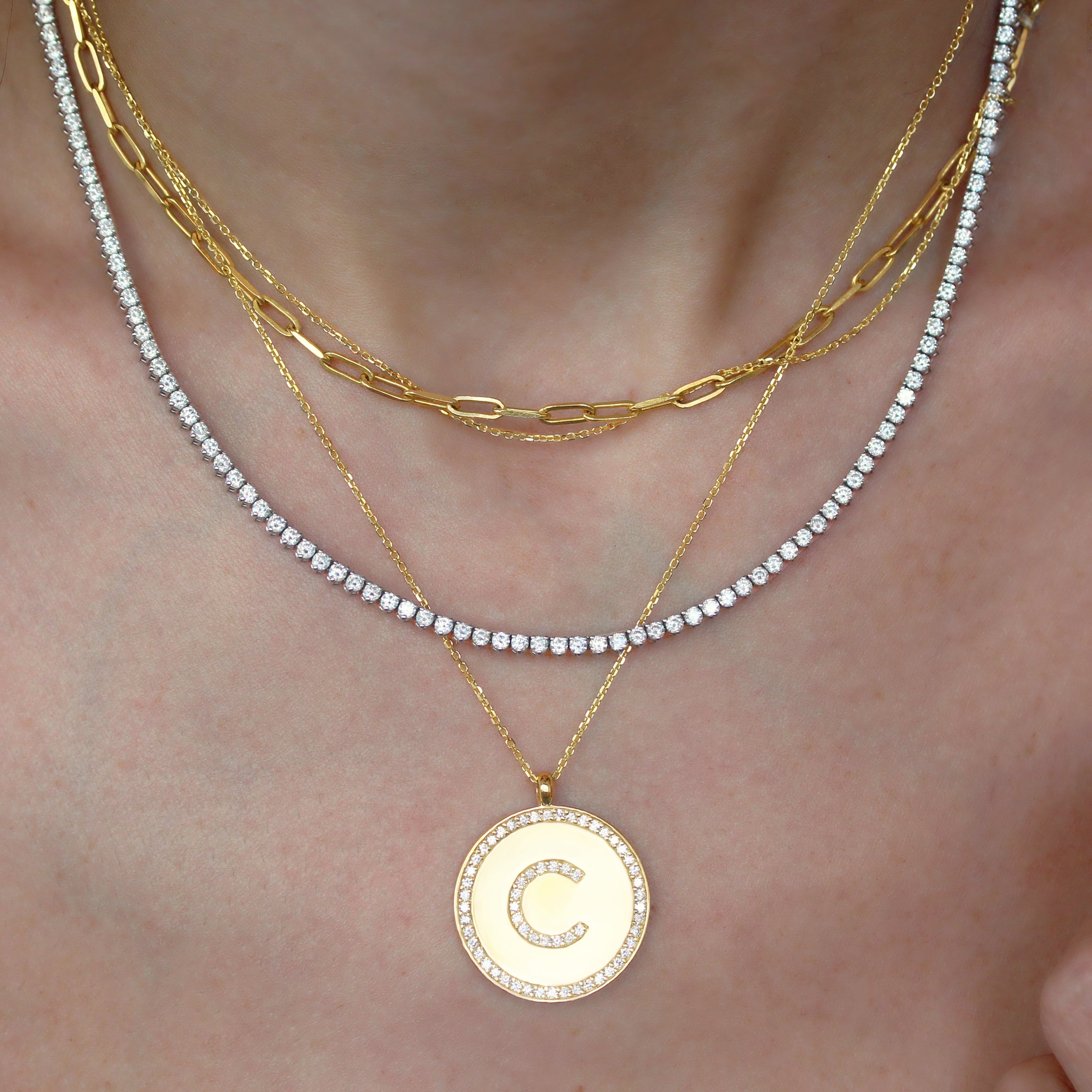 Large Coin Pave Diamond Initial Necklace