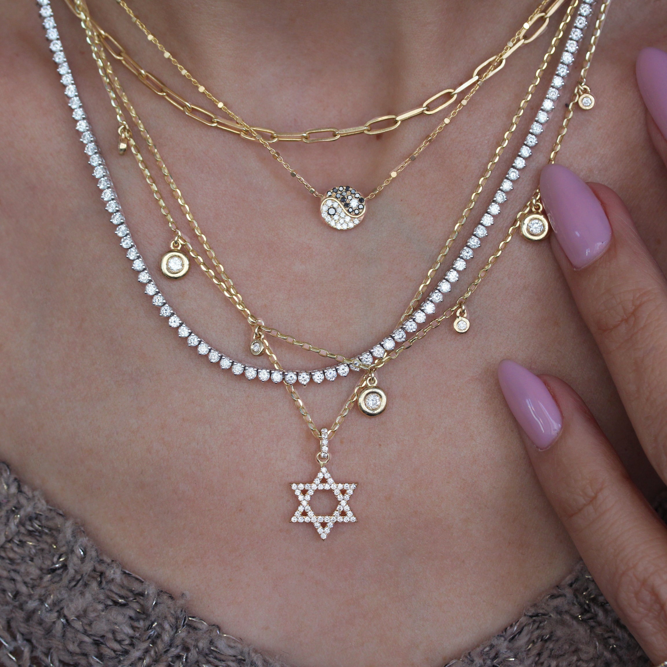 15mm Large Star of David Diamond Pendant Gold Necklace ♥