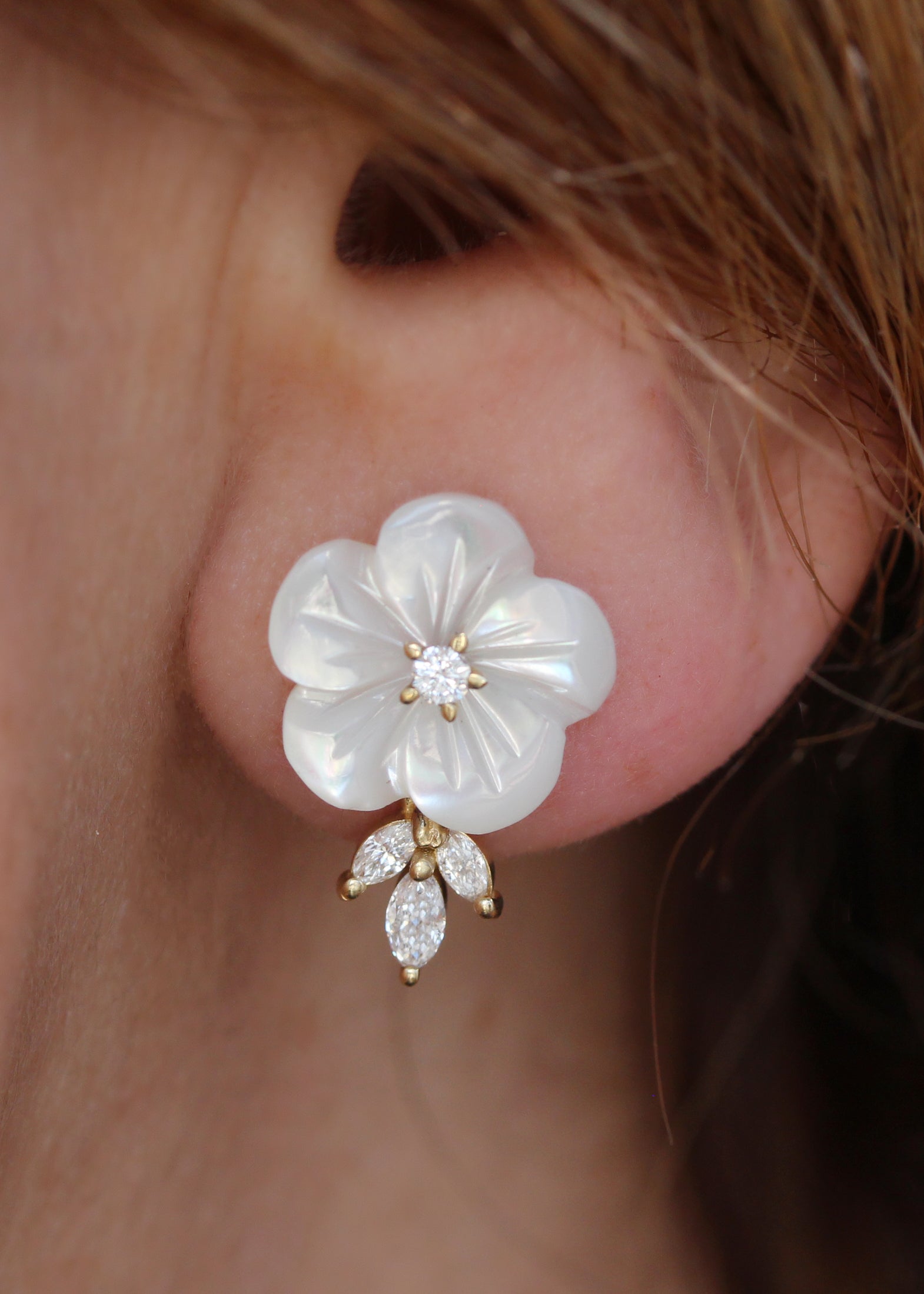 Large Pearl Flower Marquise Diamond Stud Earring, Bridal Earrings