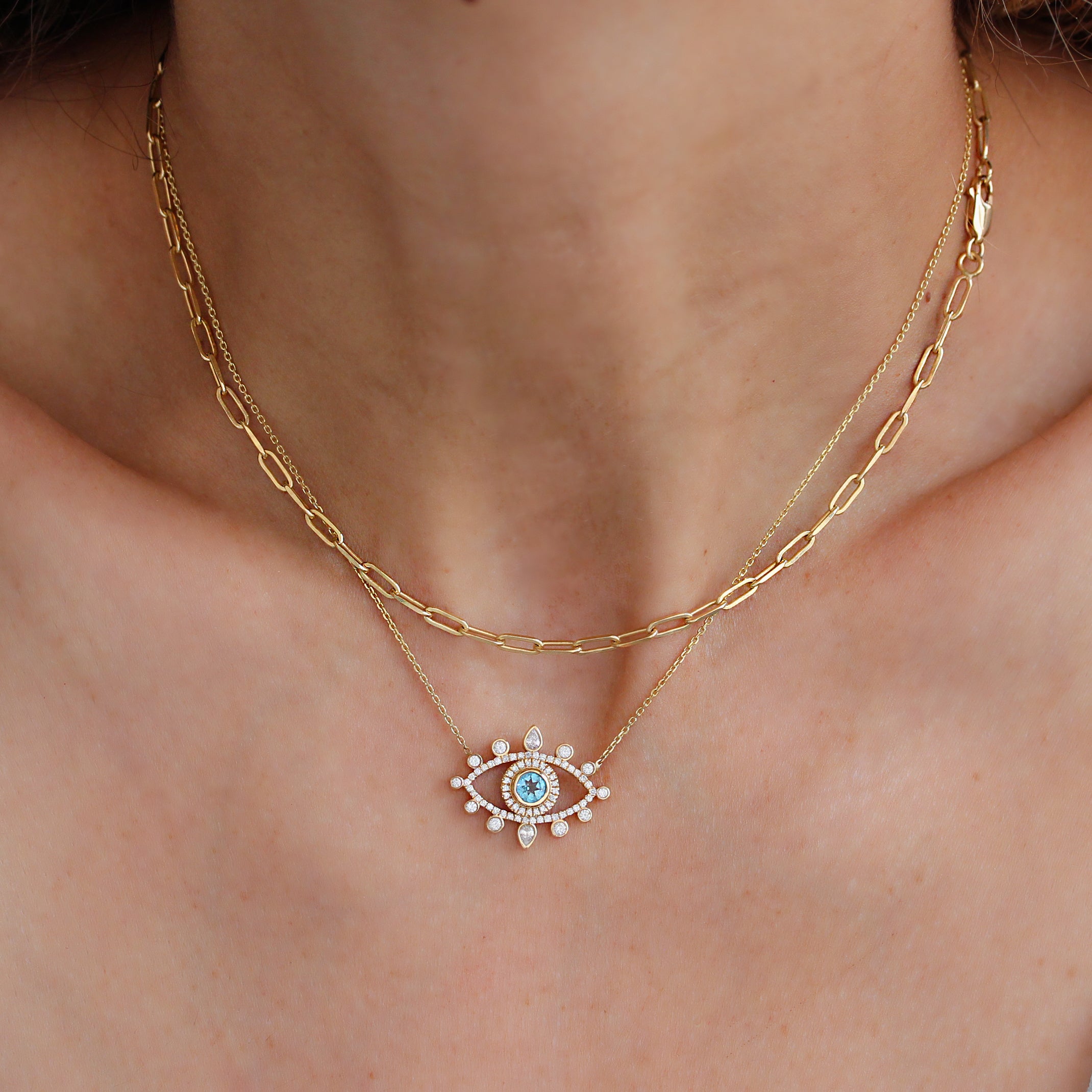 Large Evil Eye Protection Amulet Necklace yellow gold