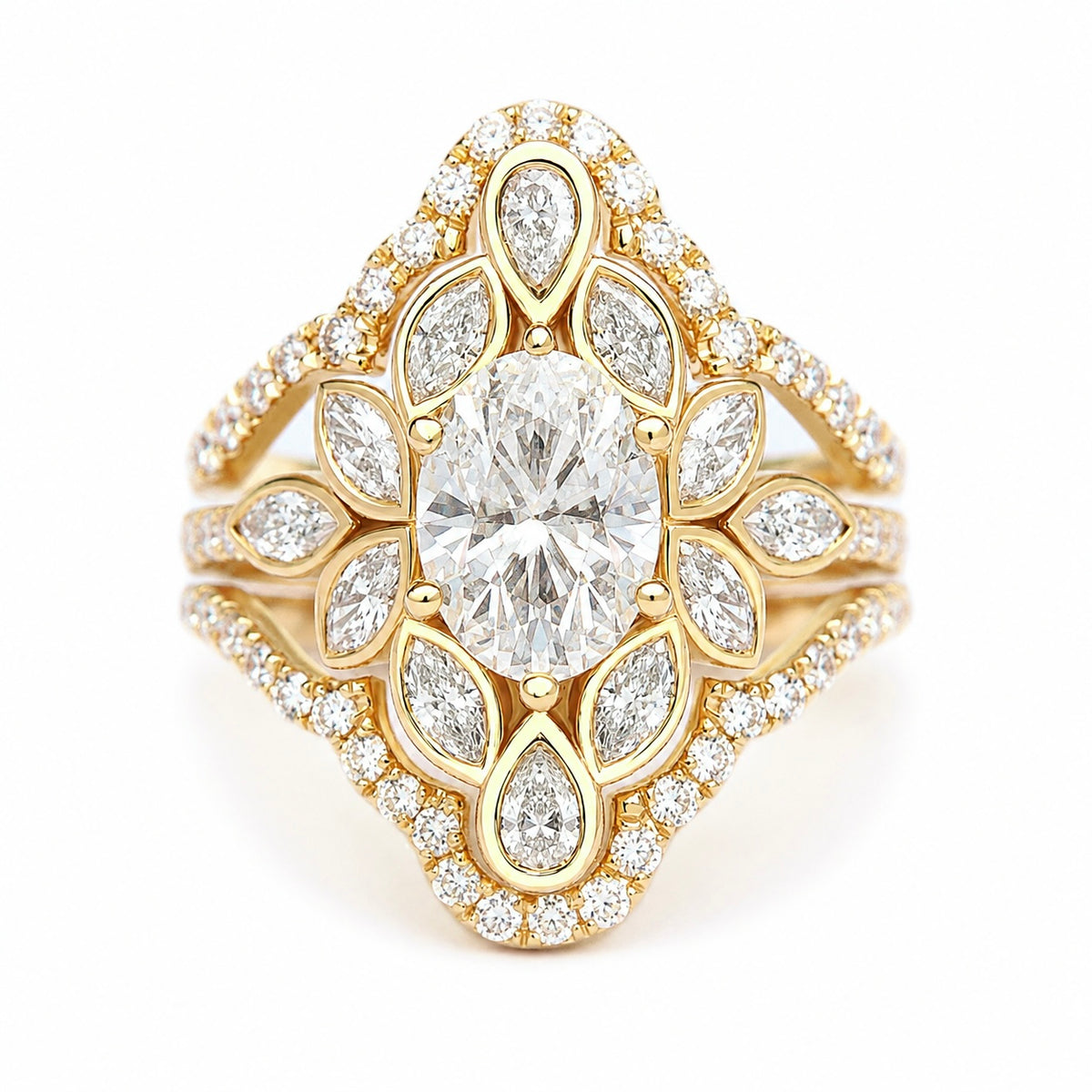 An ornate yellow gold ring featuring a large oval center diamond surrounded by a floral arrangement of marquise and round diamonds, set against a clean white background.