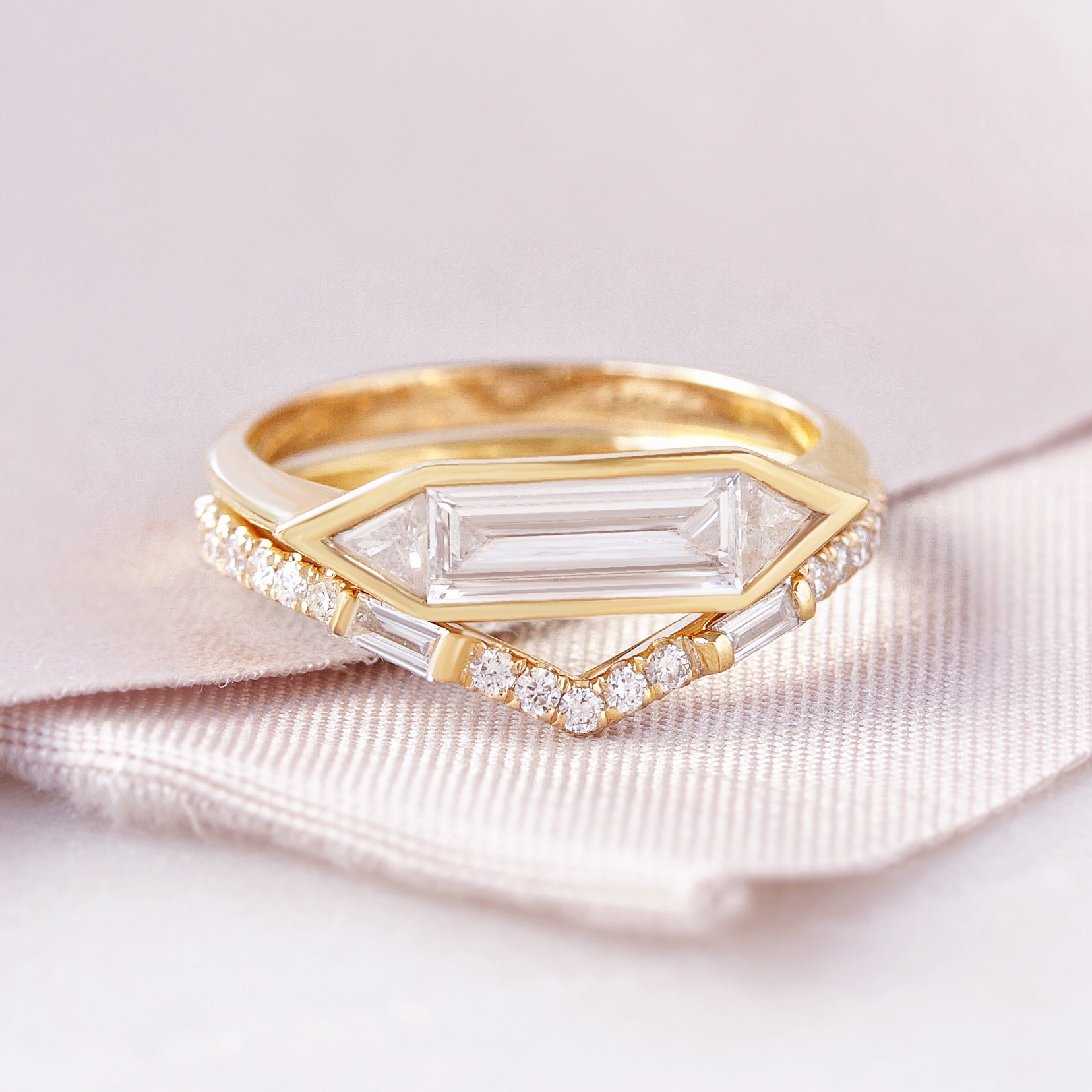 Long Baguette Three Stone Geometric Diamond ring