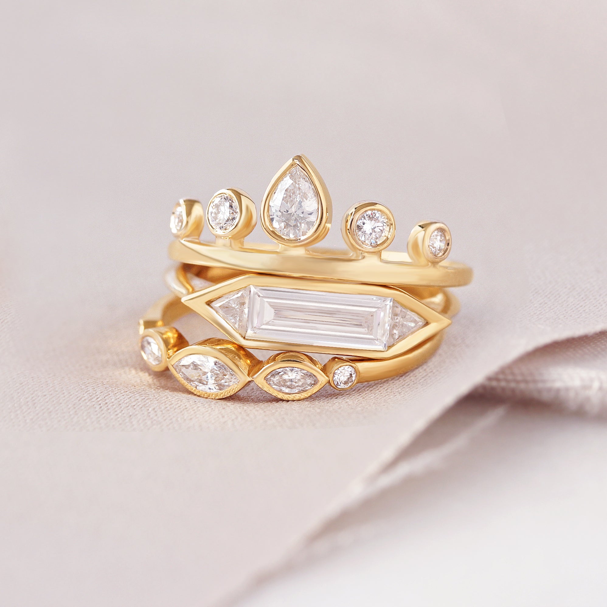 Long Baguette Three Stone Geometric Diamond ring