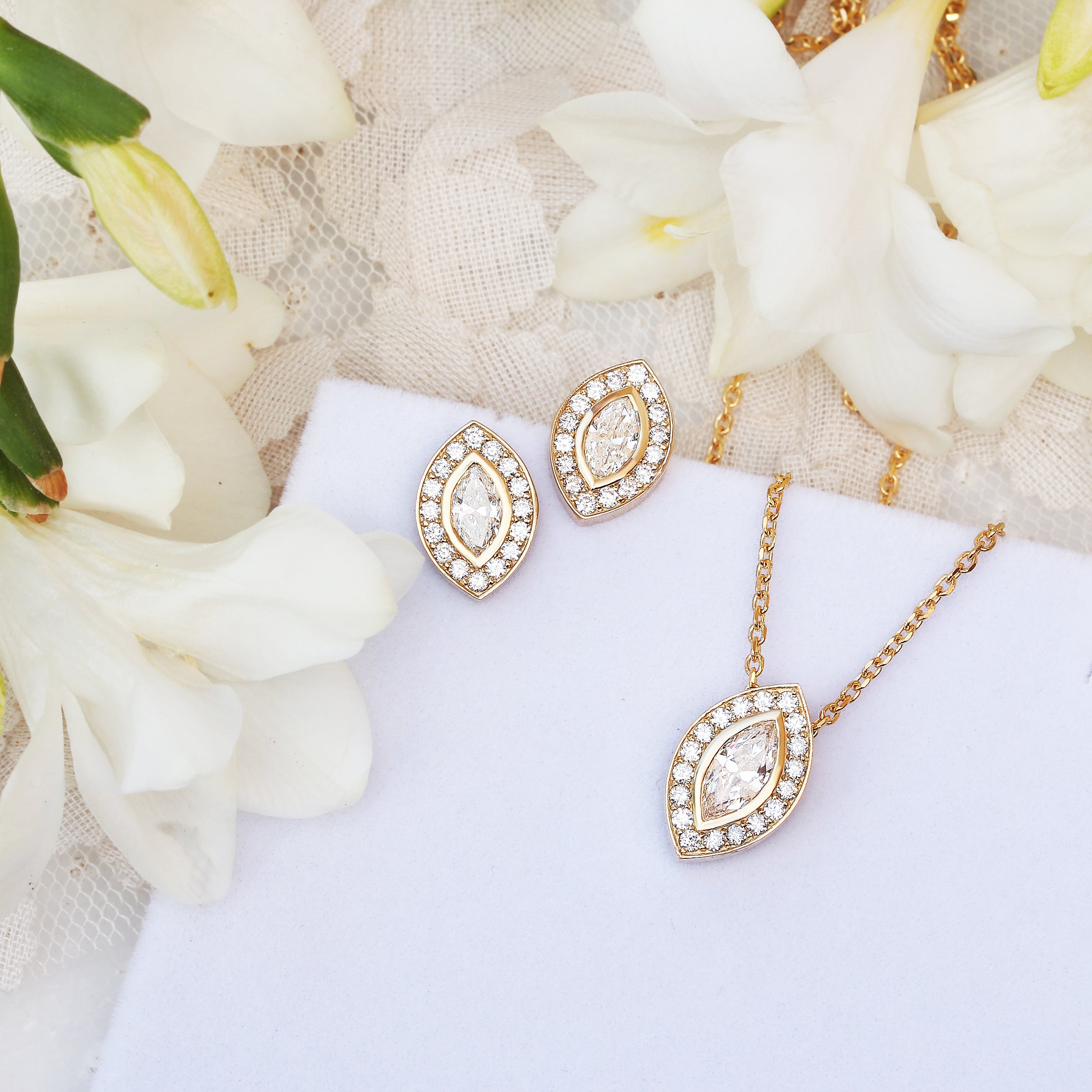 Marquise Diamond Halo Stud Earrings