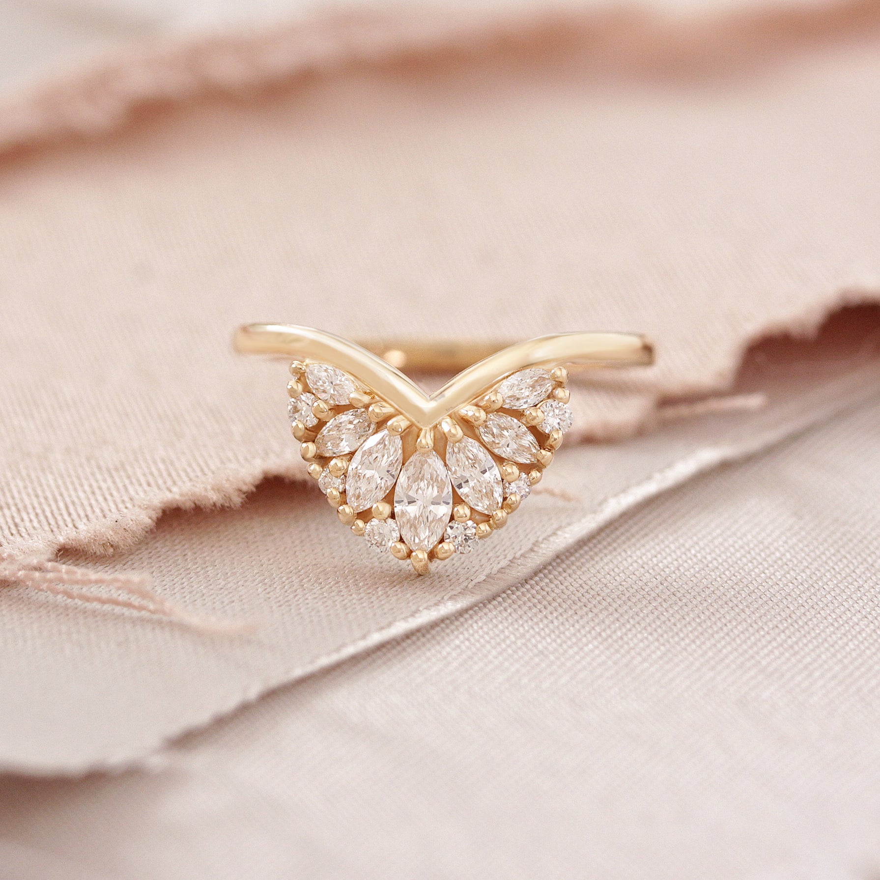 Art Deco Nesting Chevron V Wedding Ring, Marquise Diamonds Fan Ring - Cardinal