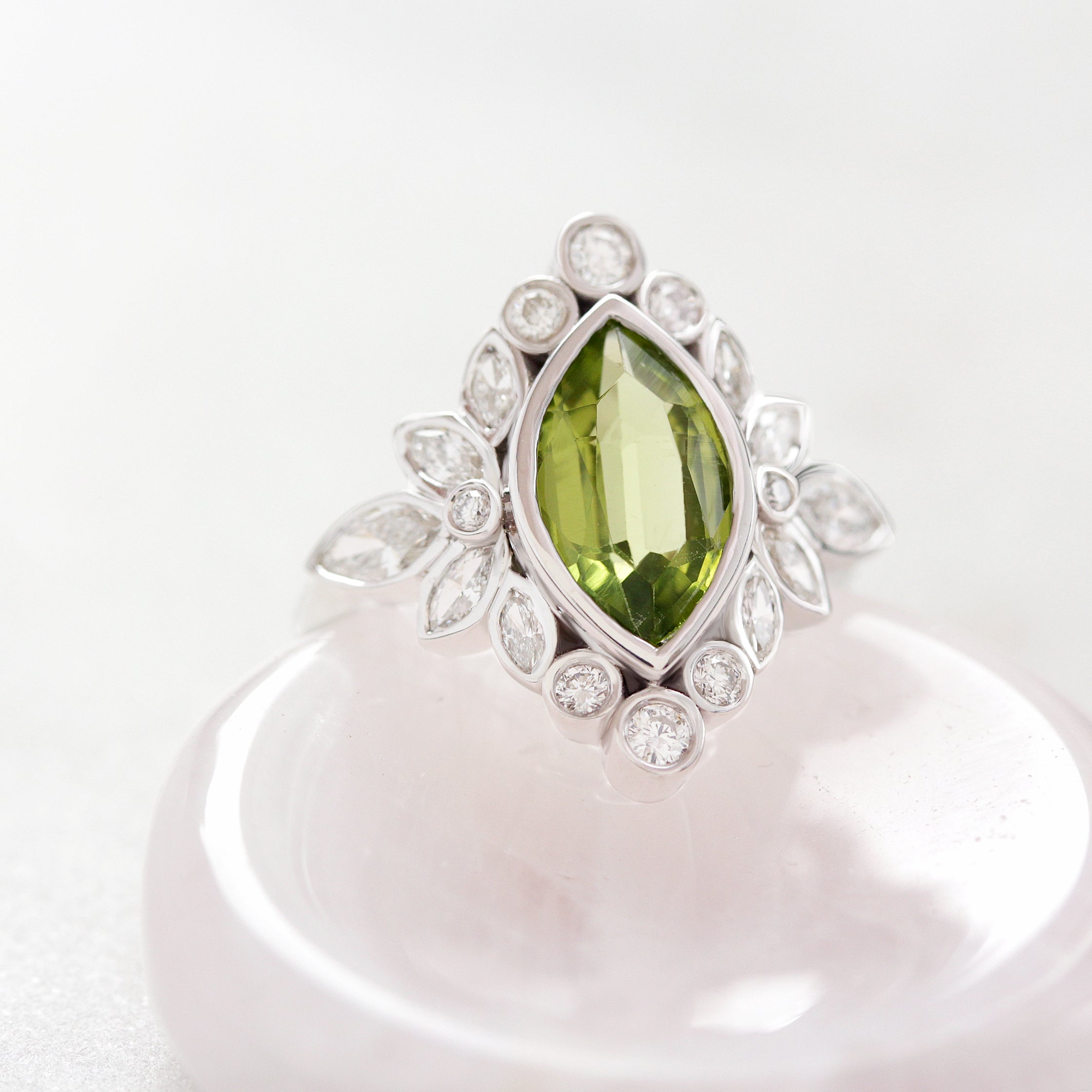 Peridot Marquise and Diamond Halo Bezel Settings Gemstone Engagement Ring - Alicent