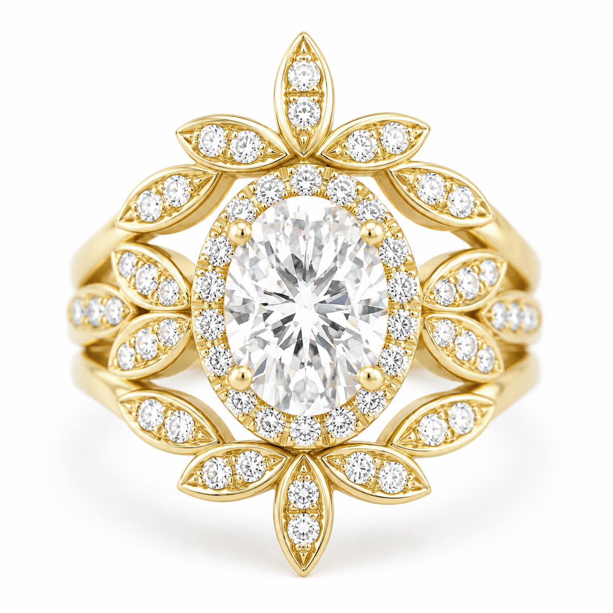 Oval Diamond Floral Three Rings Set "Minimal Lily"