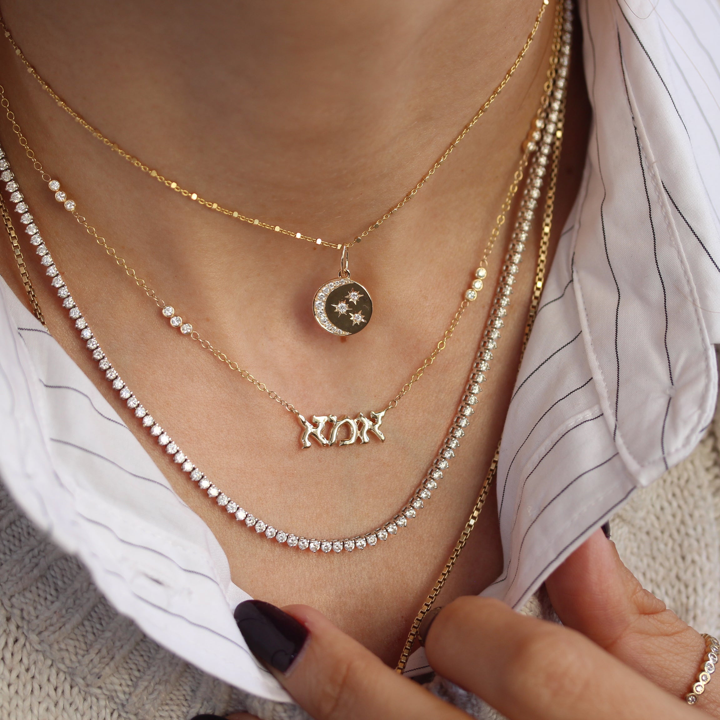 Hebrew Letters אמא Mom Necklace Diamonds On Chain Judaica Necklace