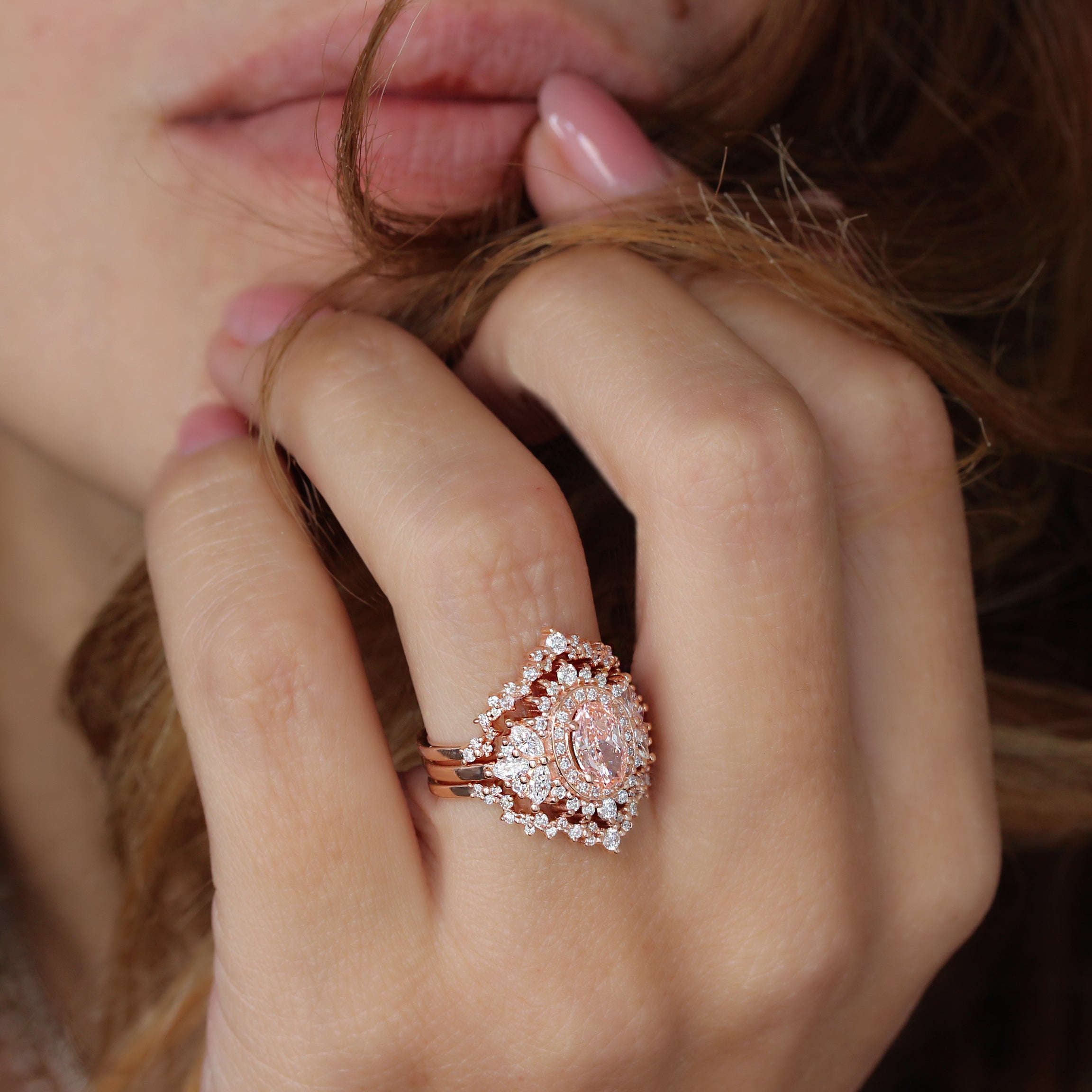 Pink oval Diamond Double Halo Engagement Ring with a Matching Ring Guard - Monaco