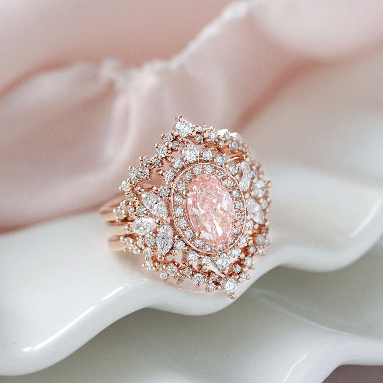 Pink oval Diamond Double Halo Engagement Ring with a Matching Ring Guard - Monaco