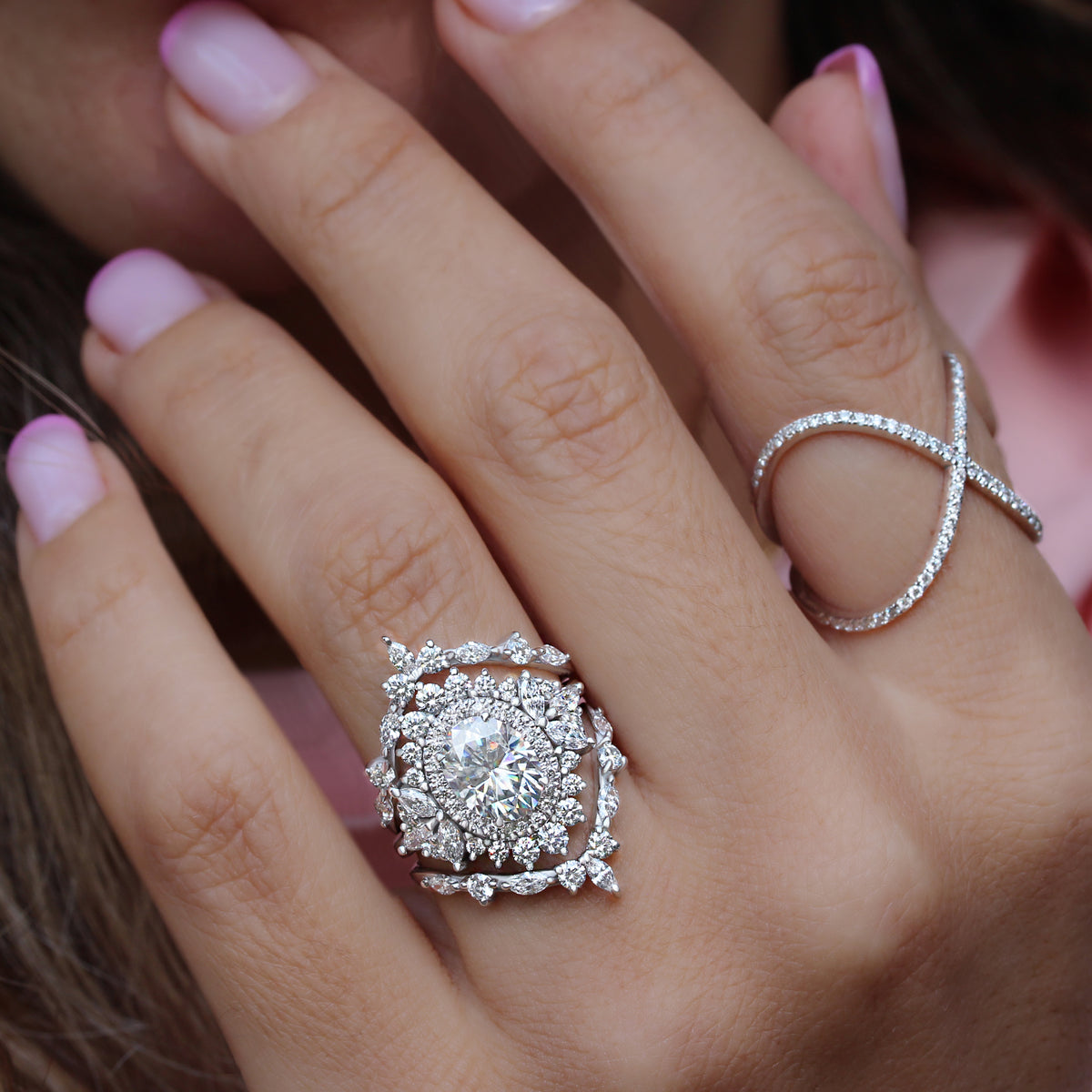 Oval Diamond 1.50 carat Double Halo Engagement Rings Set, Monaco