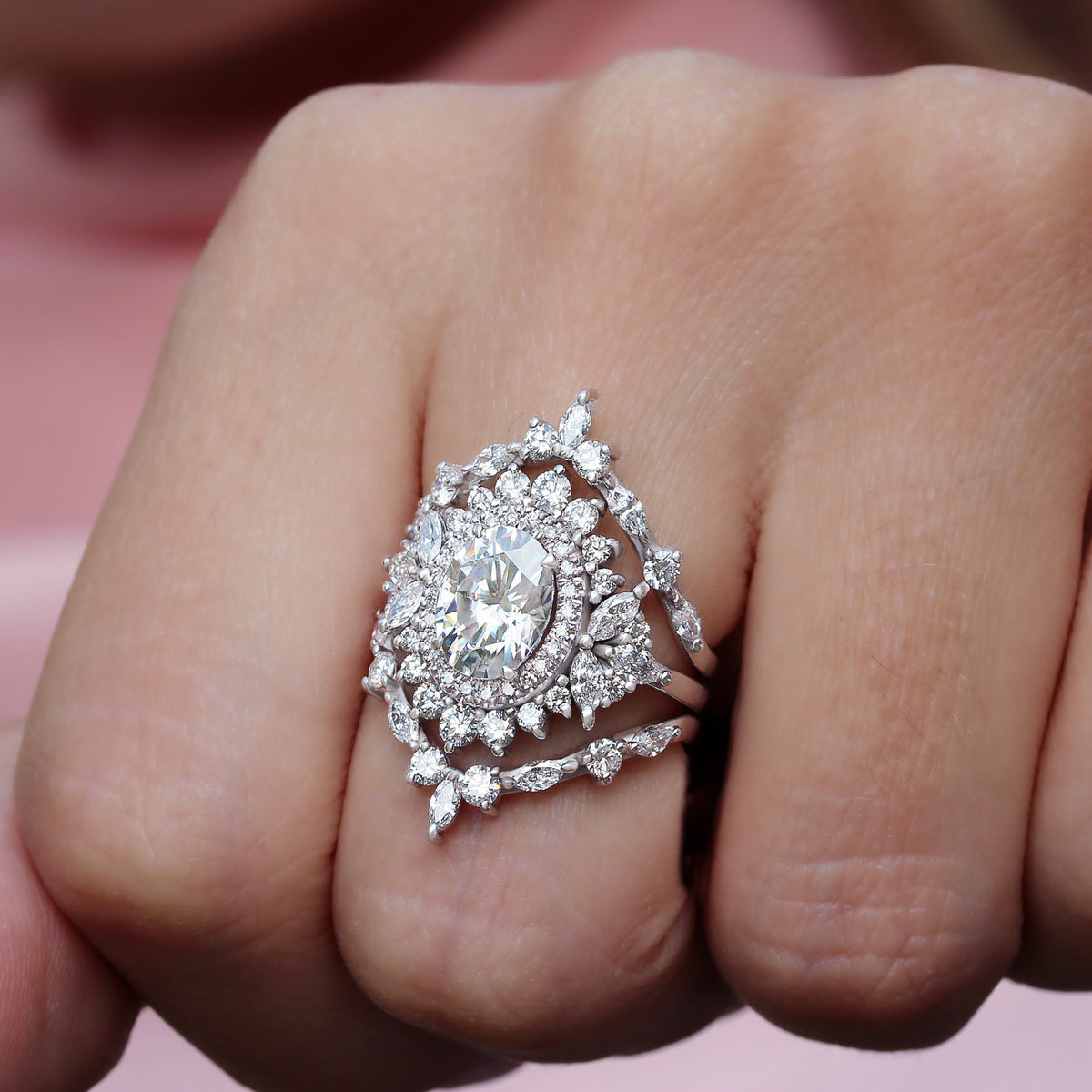 Oval Diamond 1.50 carat Double Halo Engagement Rings Set, Monaco