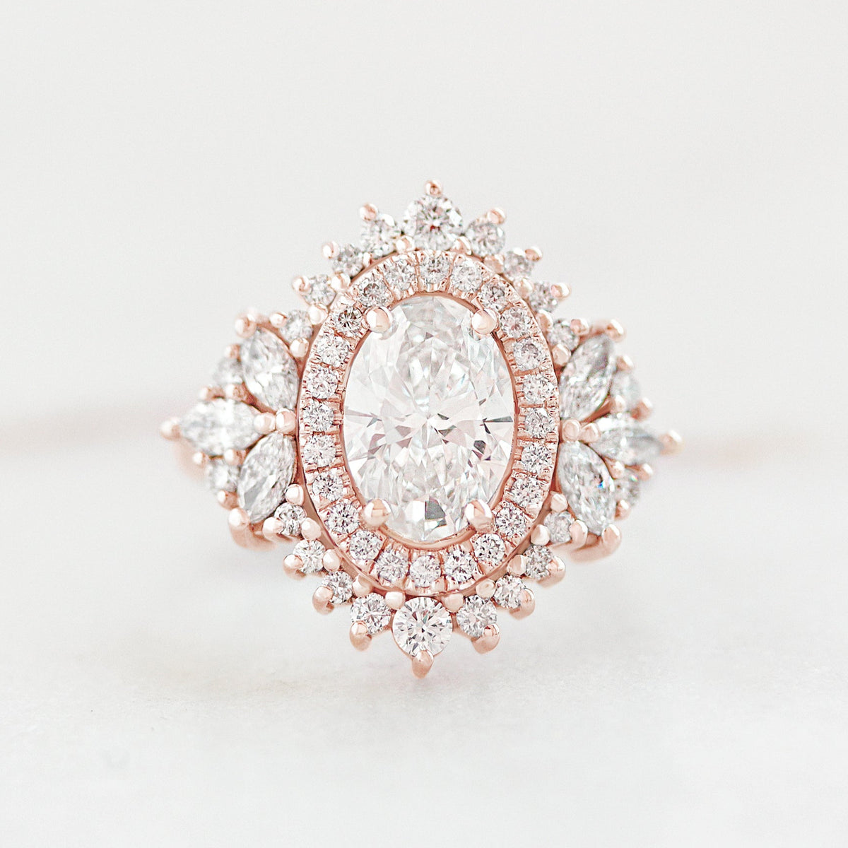 Double halo 1.5ct oval diamond royal engagement ring Monaco rose gold made by silly shiny diamonds
