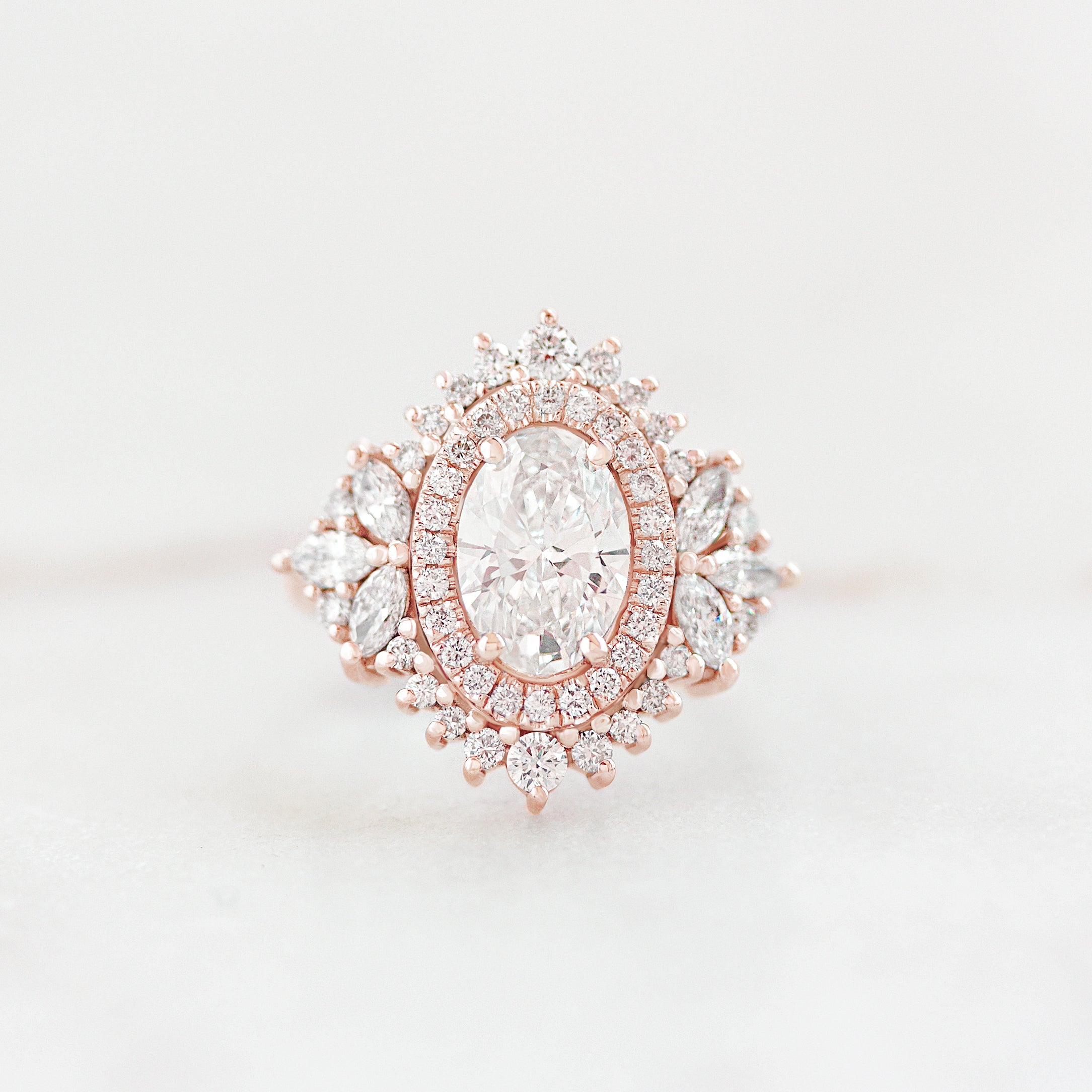 double halo regal engagement ring 1.5ct oval diamond with matching wedding ring rose gold Monaco by silly shiny diamonds