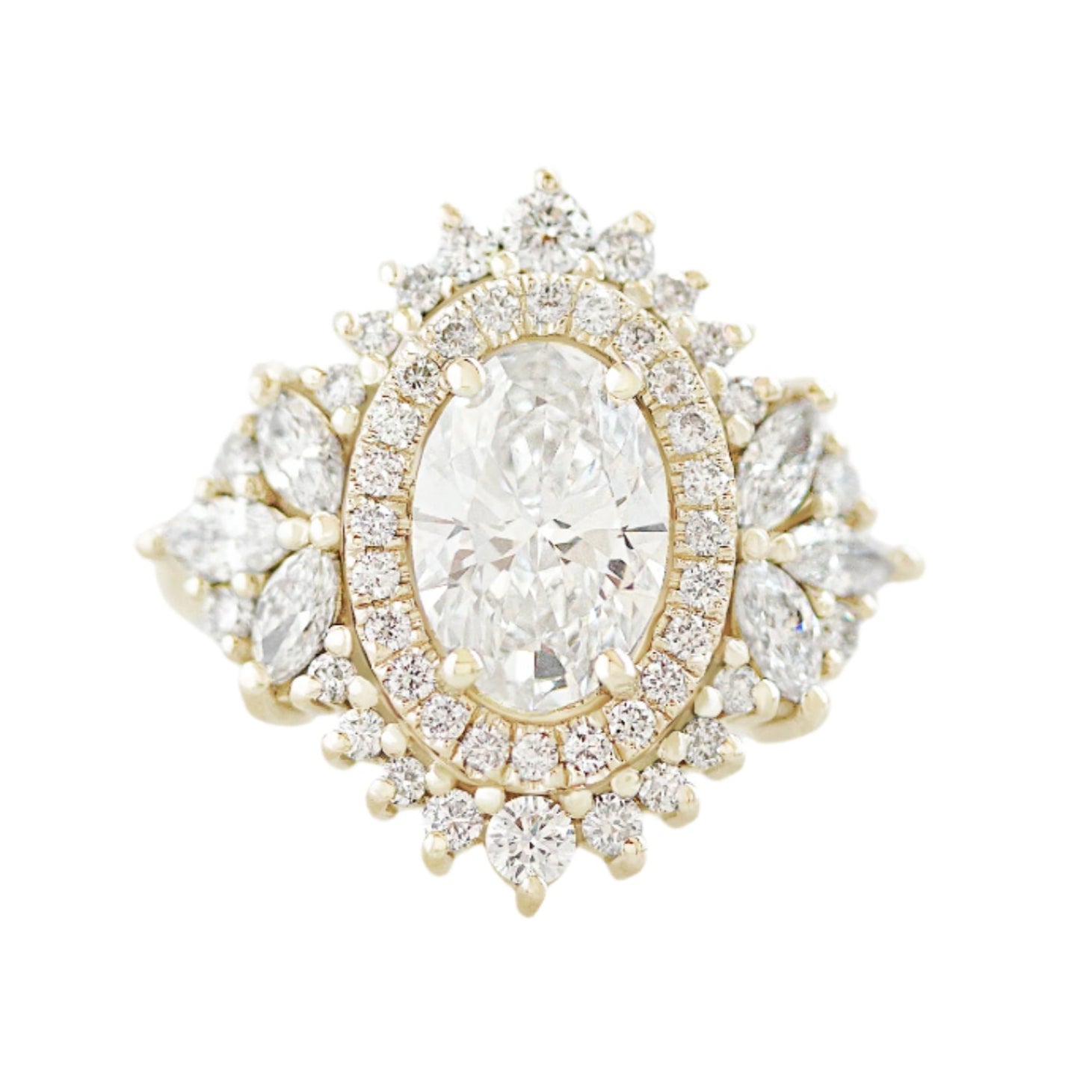 Double halo 1.5ct oval diamond royal engagement ring Monaco yellow gold made by silly shiny diamonds