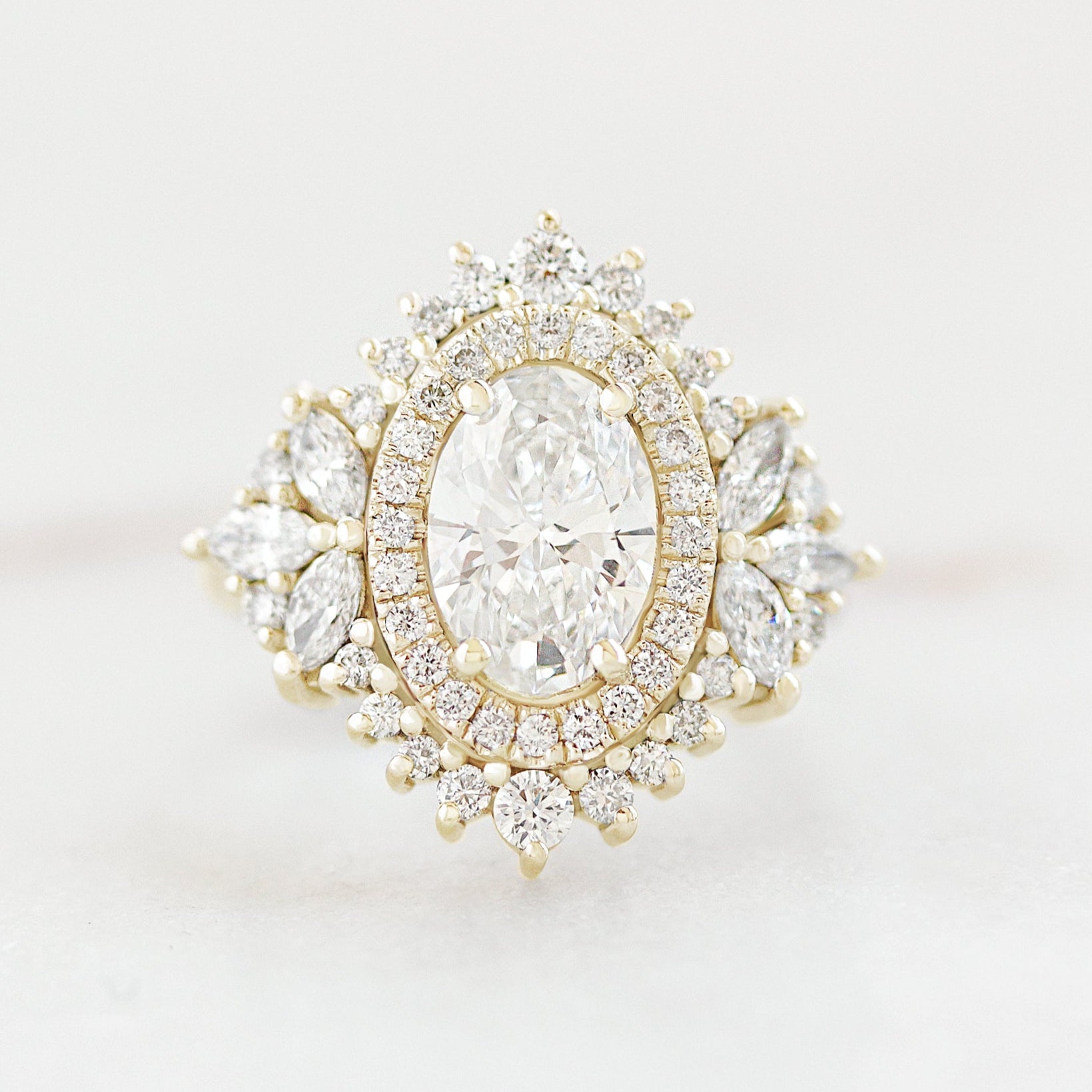 double halo regal engagement ring 1.5ct oval diamond with matching wedding ring yellow gold Monaco by silly shiny diamonds