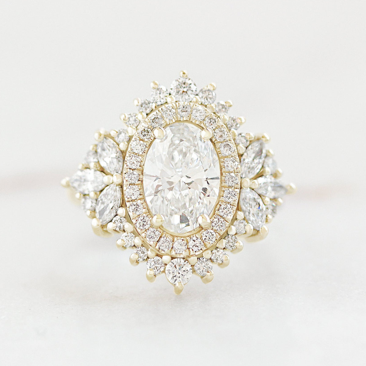 double halo regal engagement ring 1.5ct oval diamond with matching wedding ring yellow gold Monaco by silly shiny diamonds