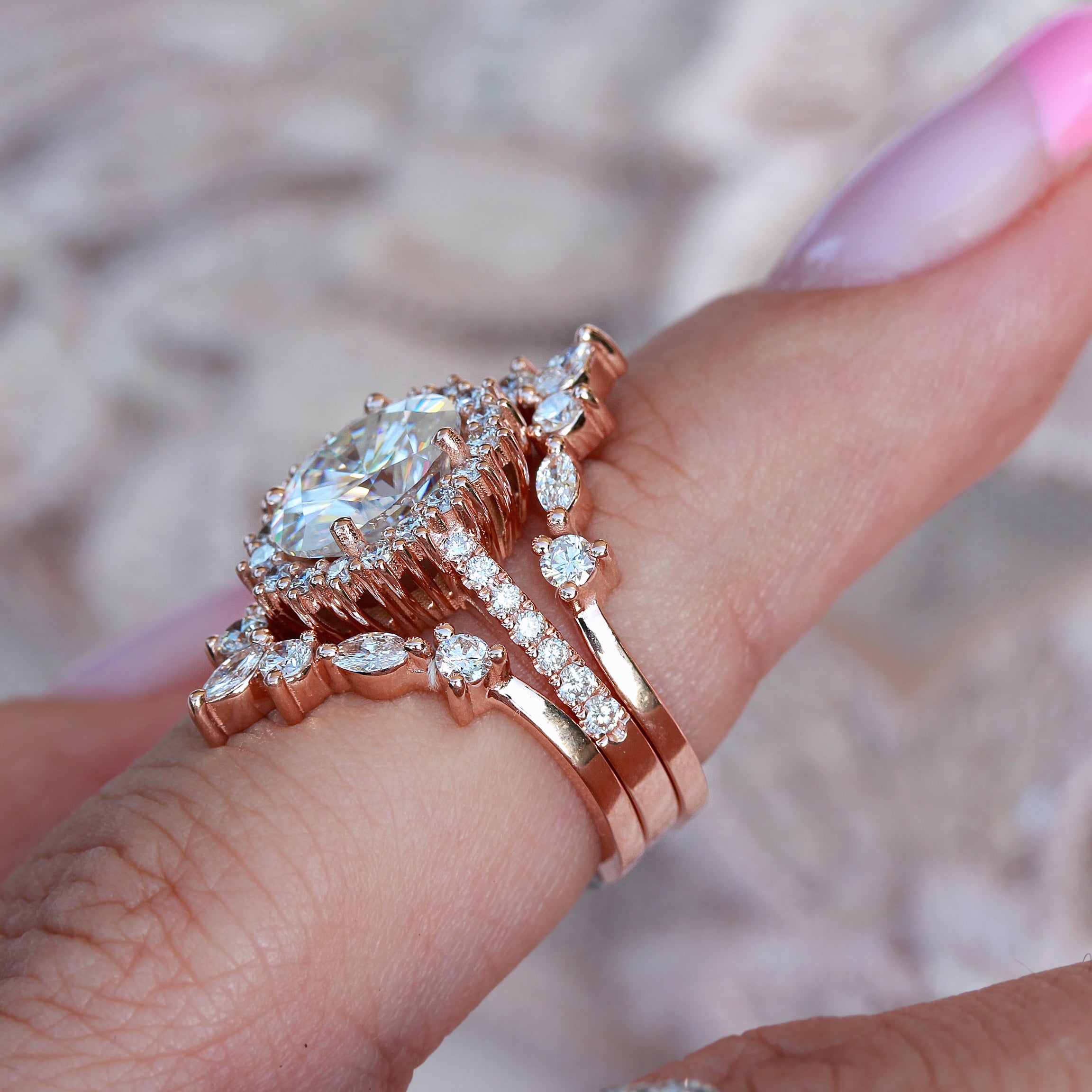Oval Diamond Halo Engagement ring "Nia' & Two "Hermes" Nesting Bands Three Rings Set