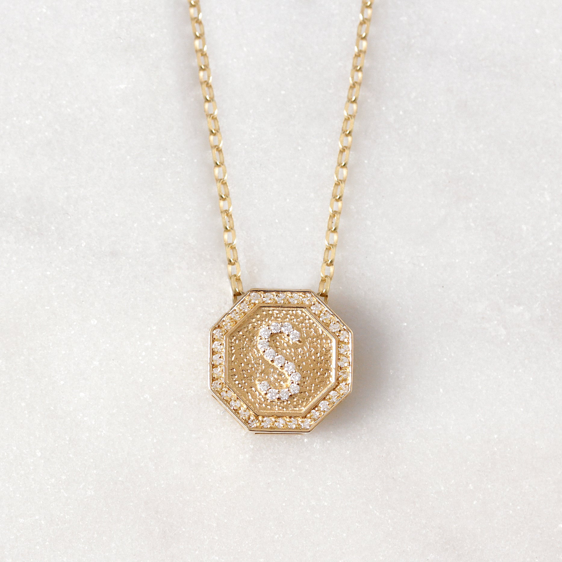 Octagon Coin Pave Diamond Initial Necklace