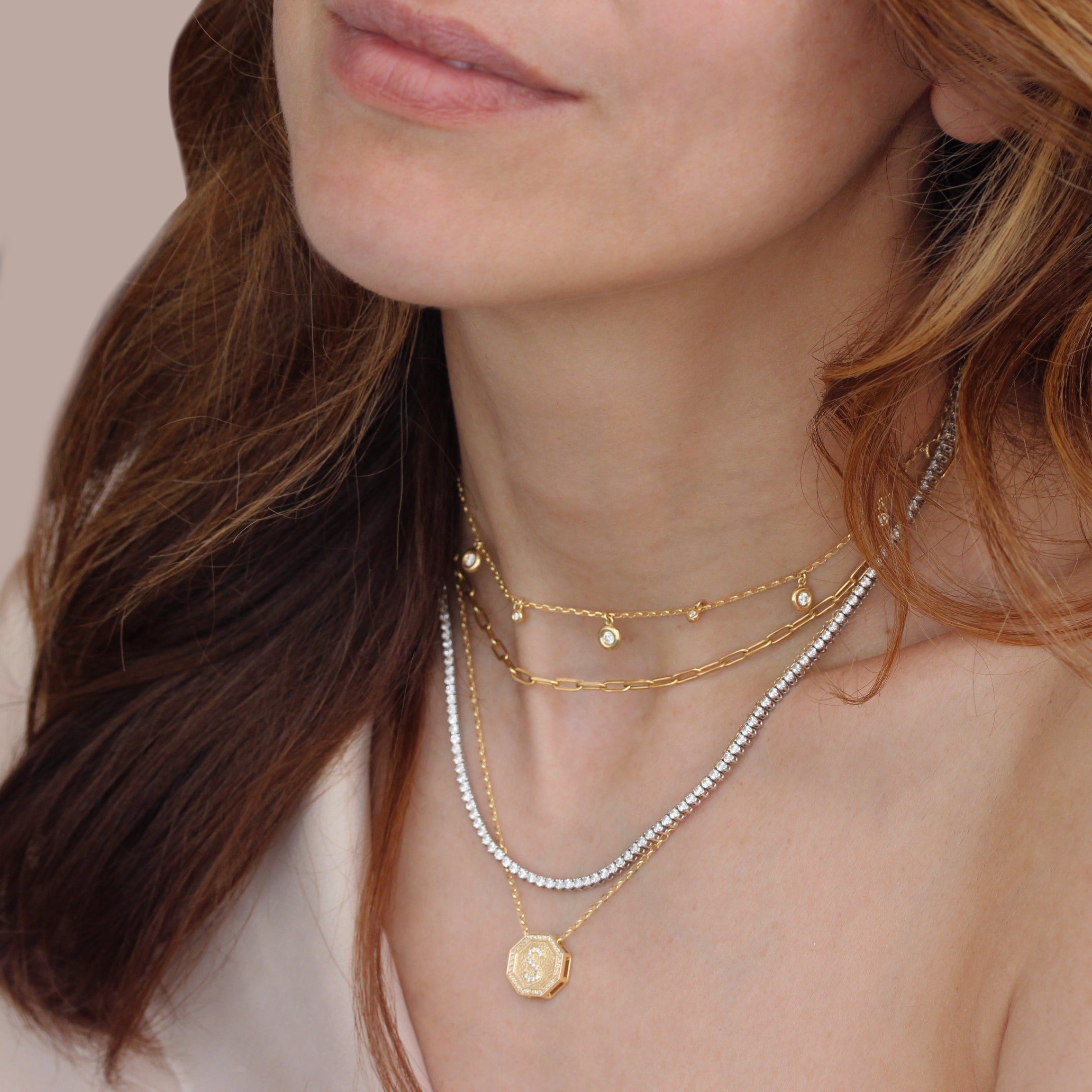 Octagon Coin Pave Diamond Initial Necklace