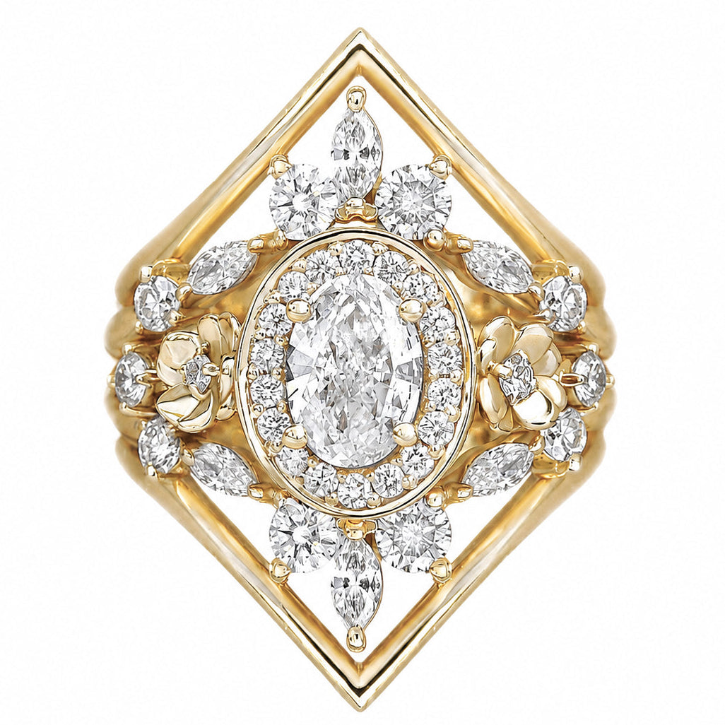 oval diamond halo flowers two iceland, two deep V bands A set of five rings, featuring an oval diamond ring with smaller diamond accents set in gold bands