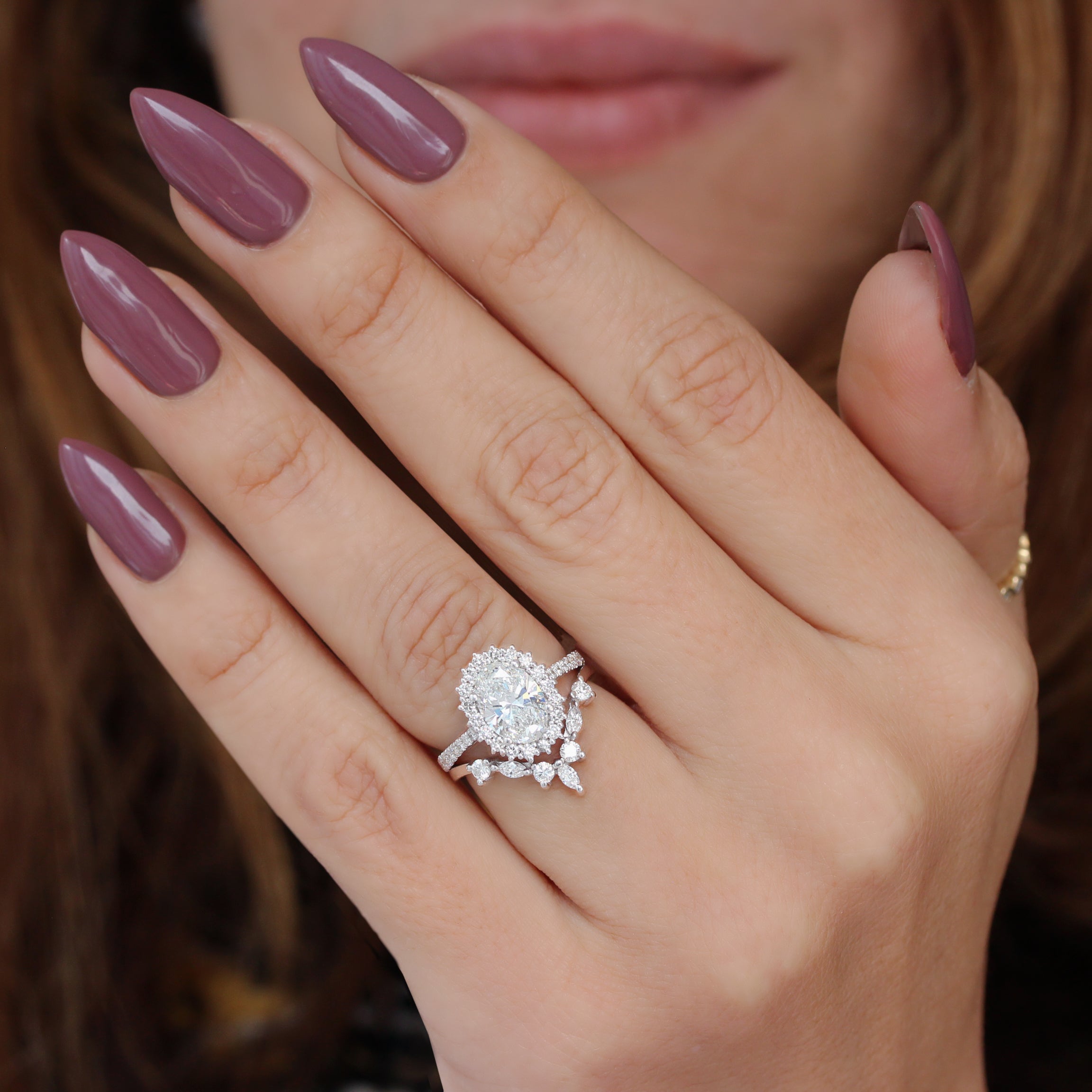 Oval Diamond Halo Engagement ring "Nia" & "Hermes" Wedding Band Two Rings Set