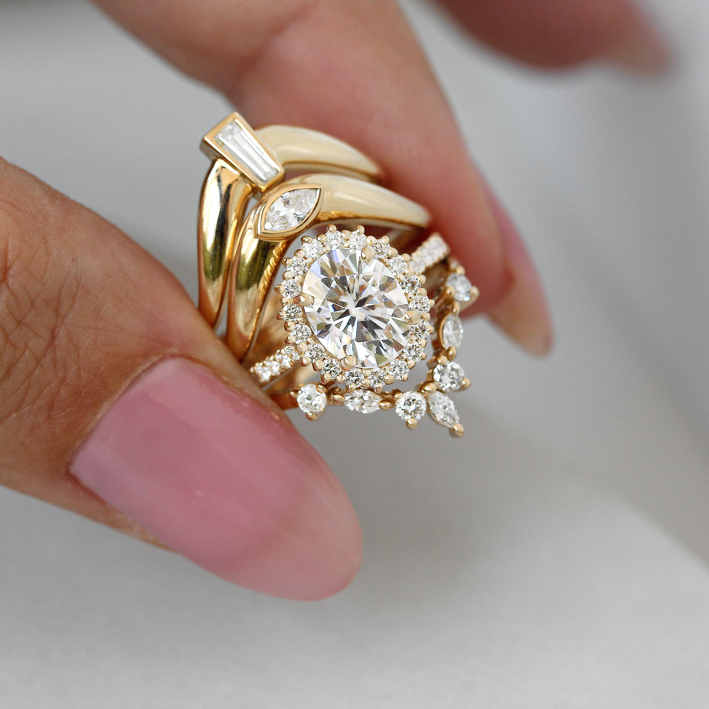 Oval Diamond Halo Engagement ring "Nia' & Two "Hermes" Nesting Bands Three Rings Set