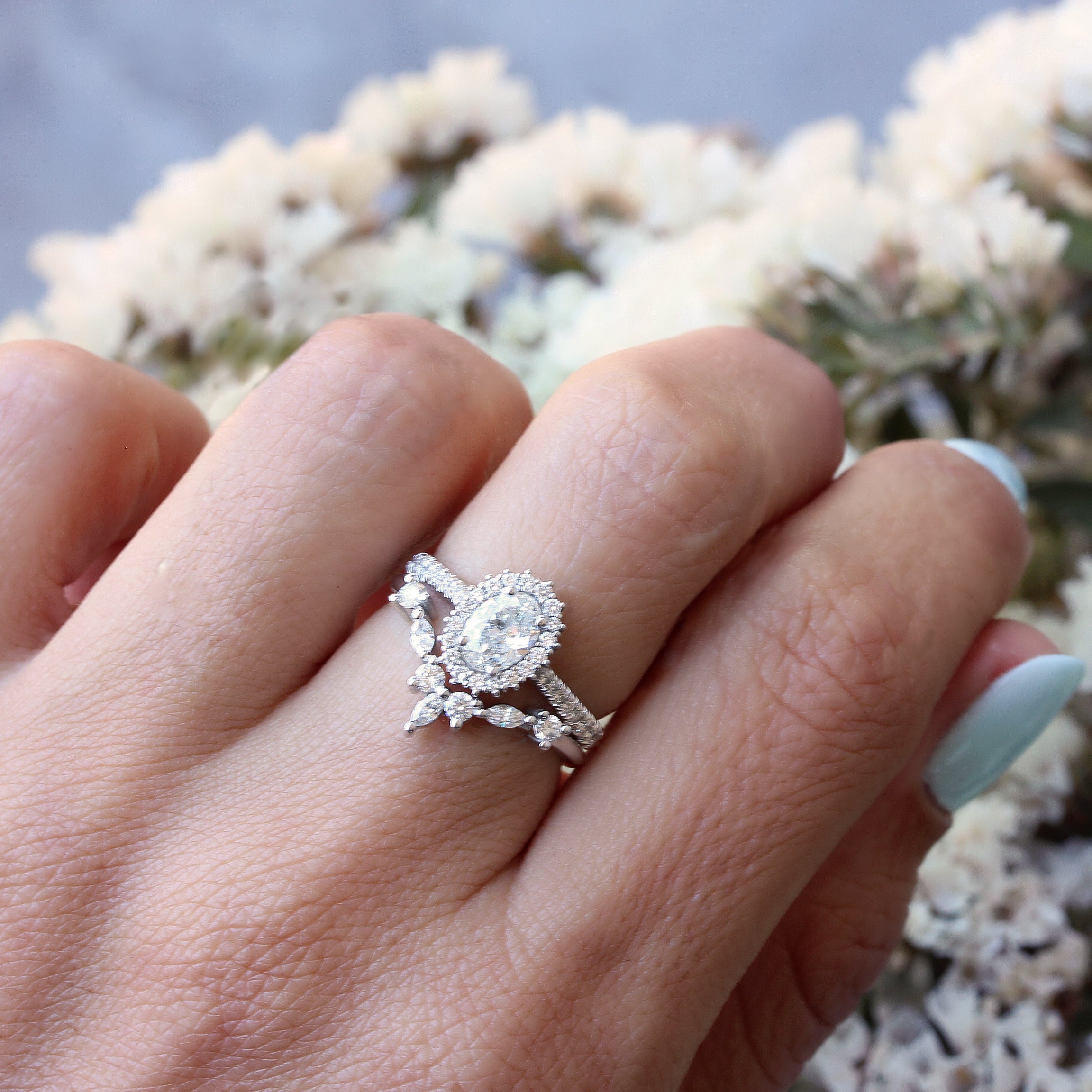 Oval Diamond Halo Engagement ring "Nia" & "Hermes" Wedding Band Two Rings Set