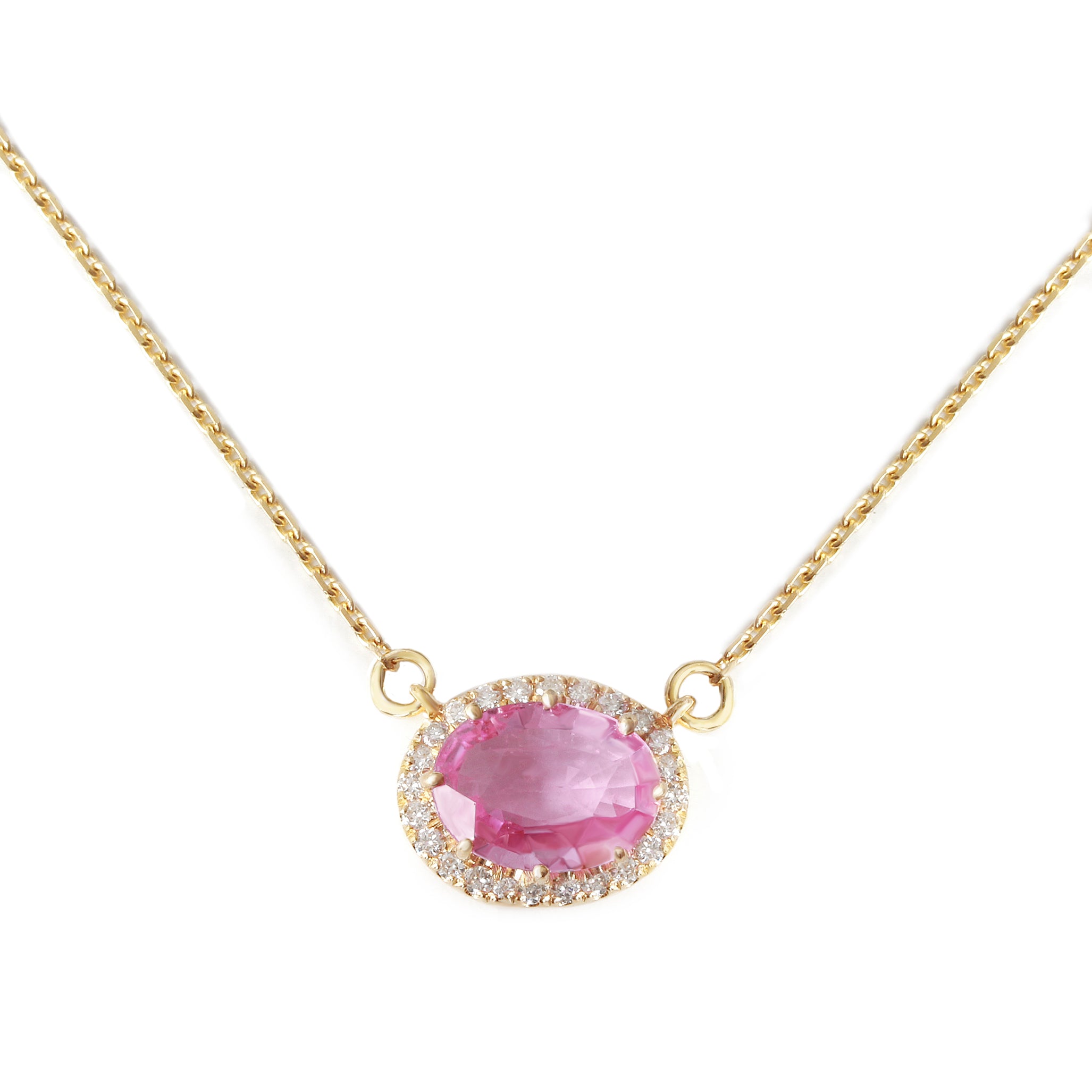 Oval Pink Sapphire and Diamond Halo Pendant Necklace