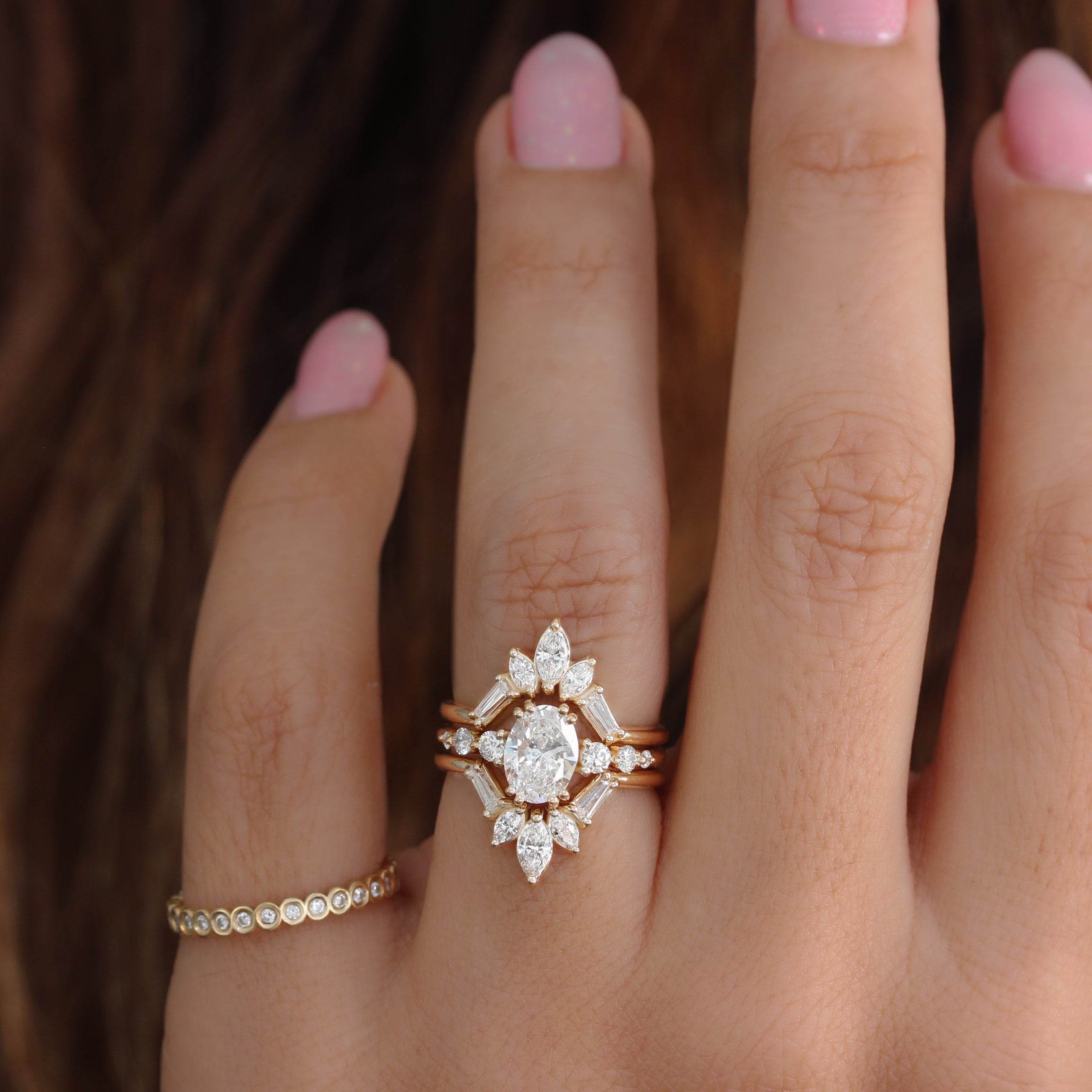 oval diamond engagement three ring set Artemis, marquise, taped diamonds, unique