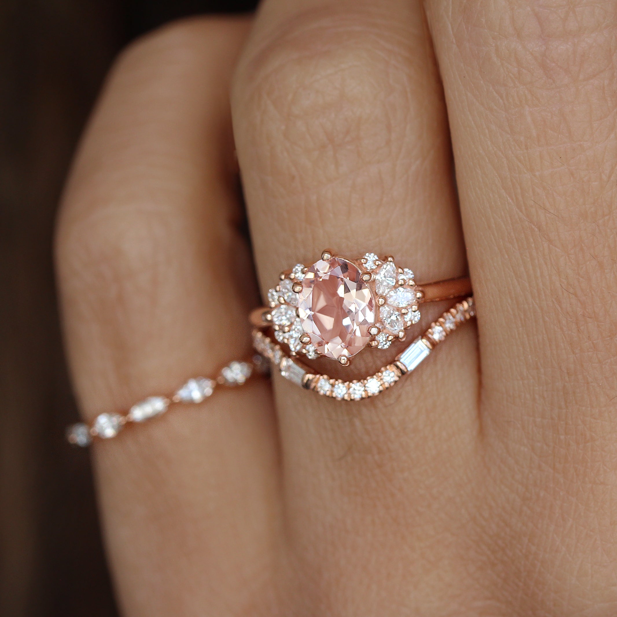 Oval Morganite and Marquise Diamonds Engagement Ring - Rosalia ♥