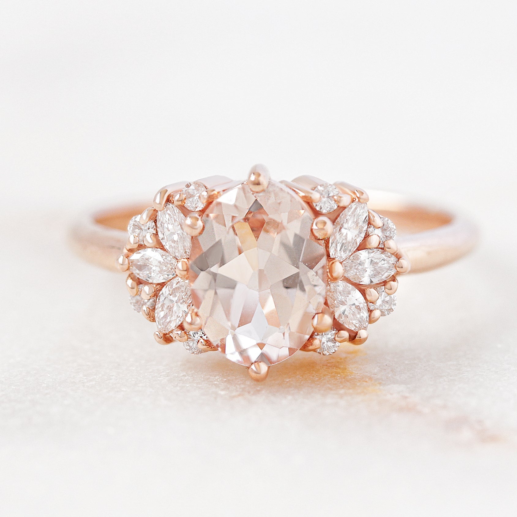 Oval Morganite and Marquise Diamonds Engagement Ring, 14K Rose Gold, "Rosalia", READY TO SHIP! ♥