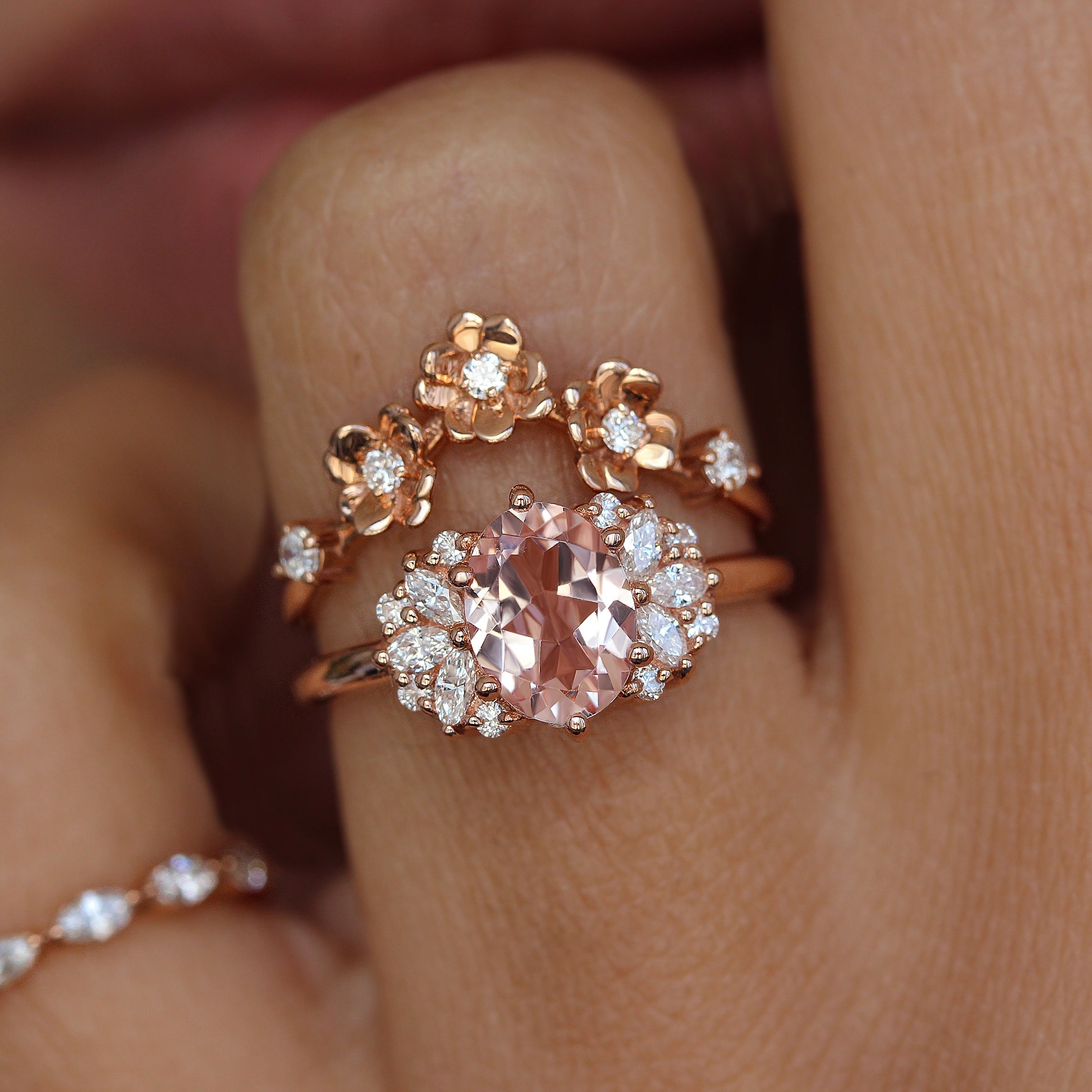 Oval Morganite and Marquise Diamonds Engagement Ring - Rosalia ♥