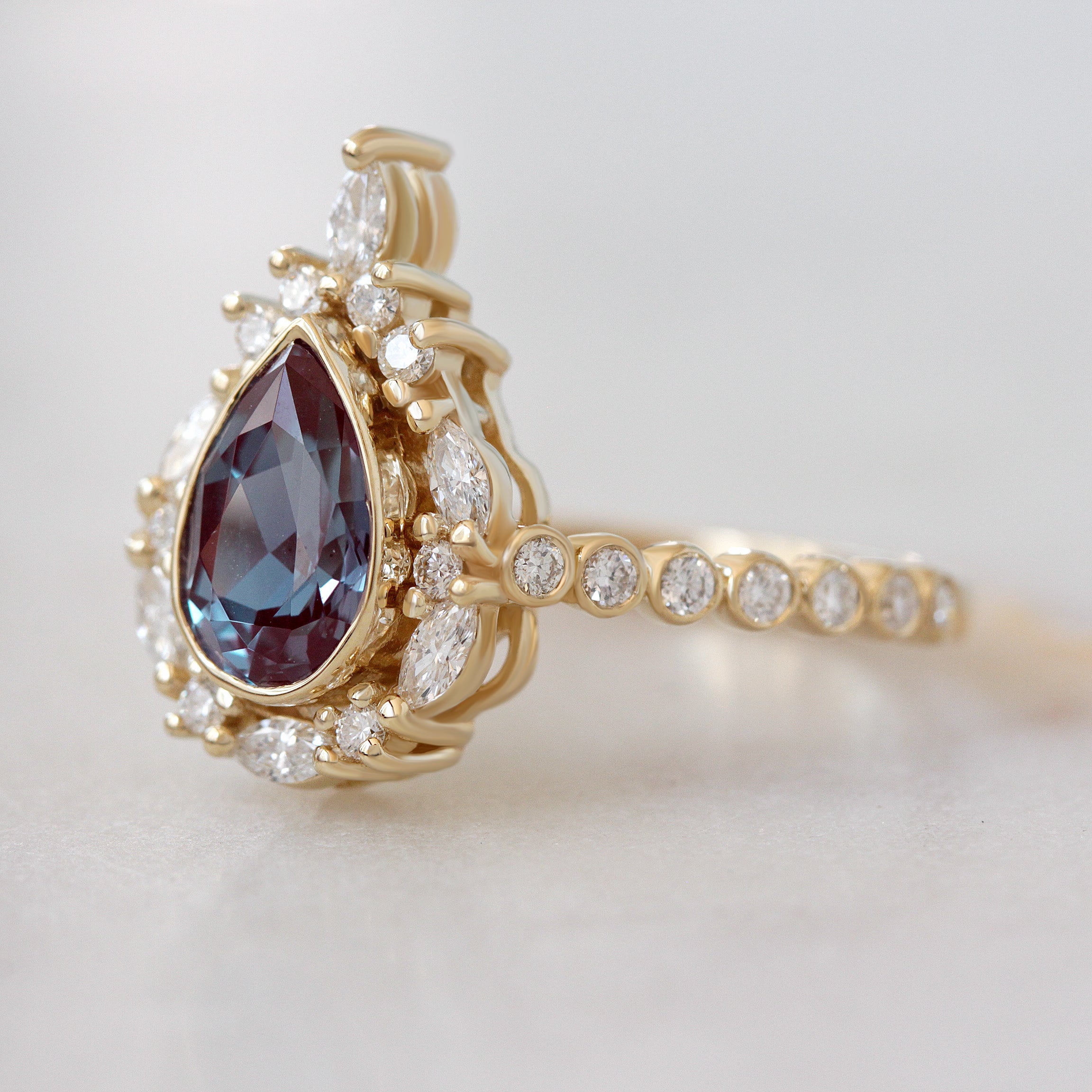 Pear Alexandrite Unique Engagement Ring Set, bezel band Eva Jess